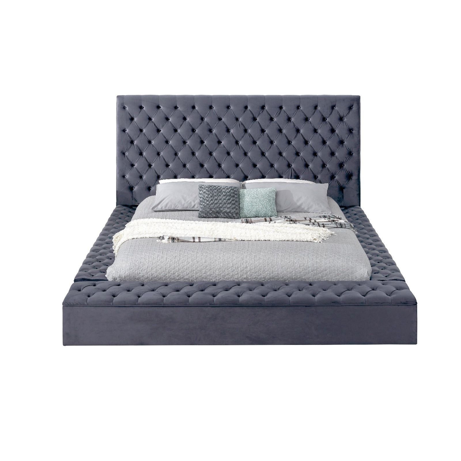 Side view of Catalina Gray upholstered queen bed with USB and Bluetooth features