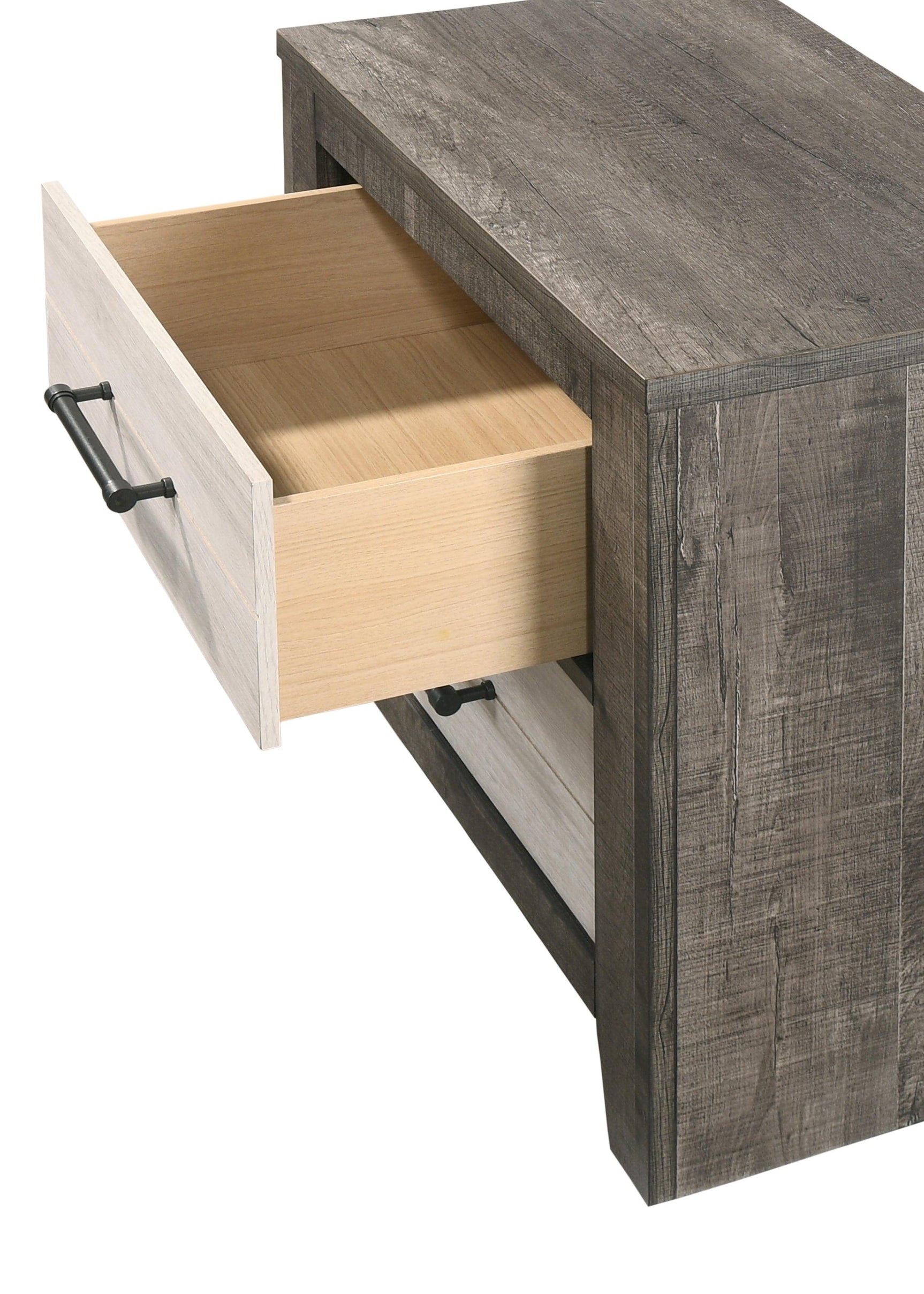 Bedroom view of Rhett Brown Cream LED Bookcase Platform Bedroom Set nightstand