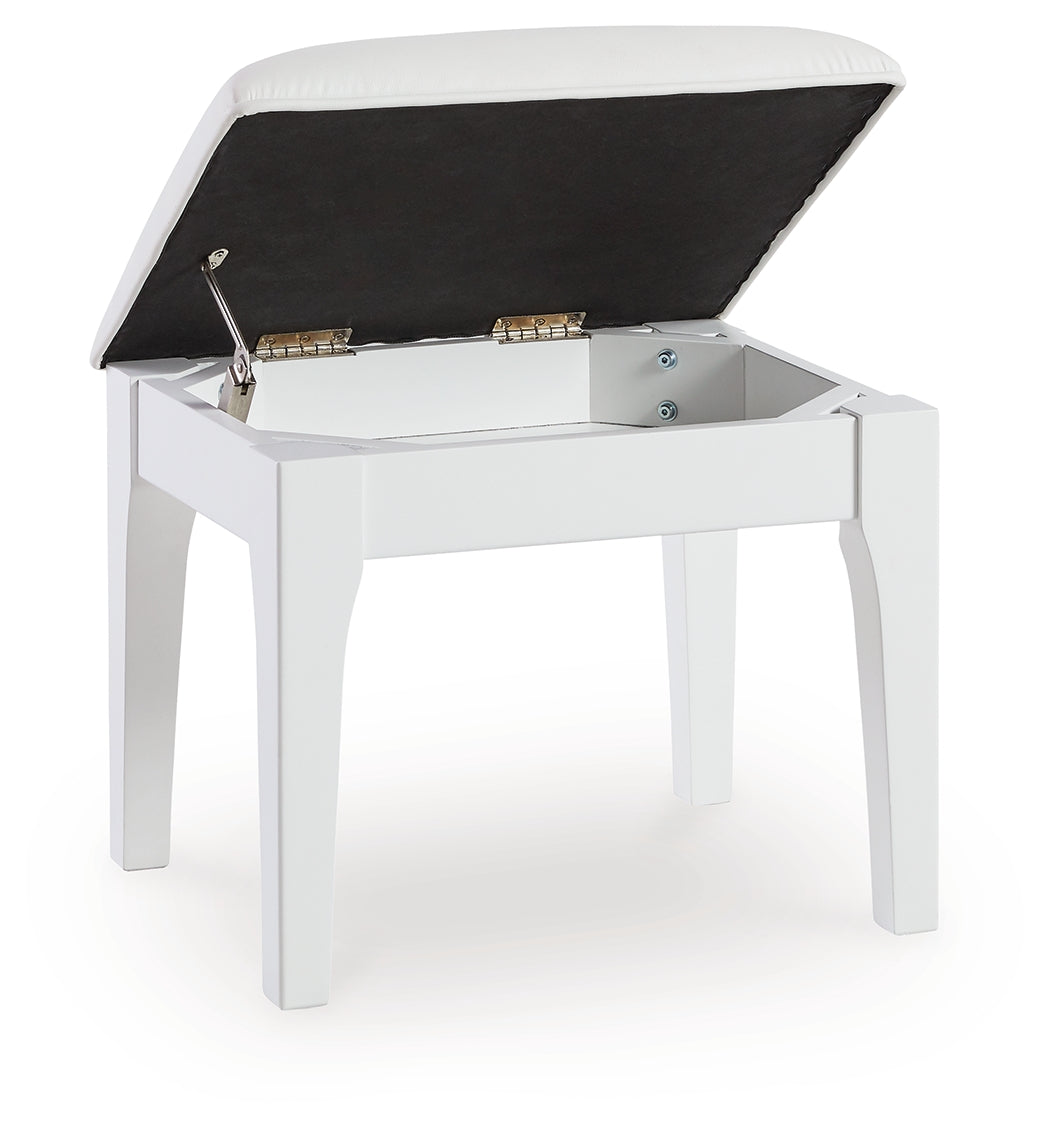 Hinged seat open revealing storage compartment inside