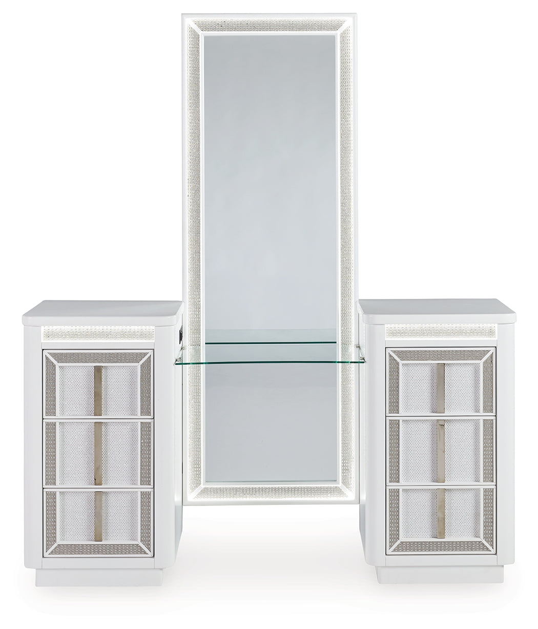 LED-lit mirror with rhinestone frame attached to white vanity