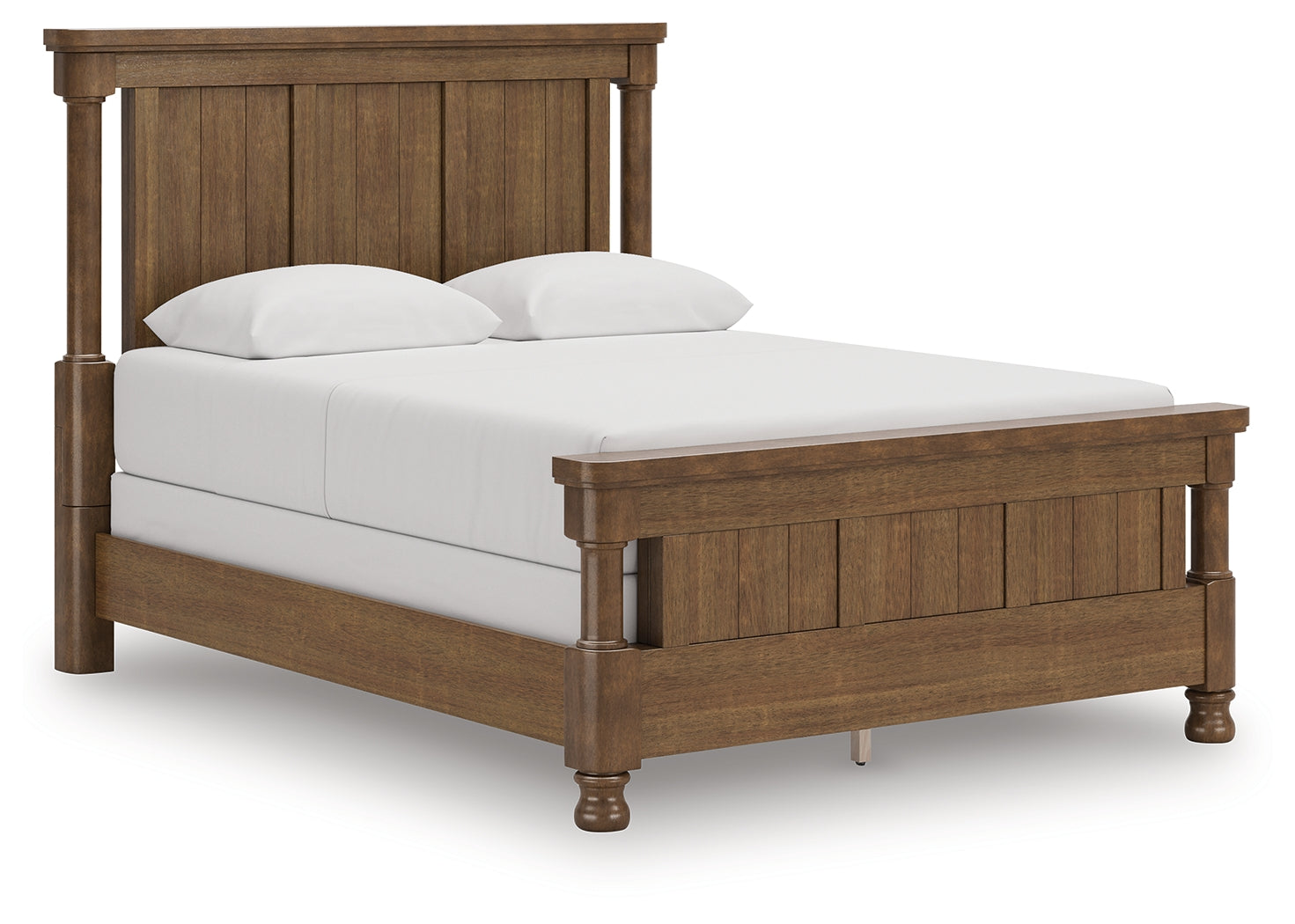 Side angle of Rowlenstown Queen Poster Bed showcasing wood grain and craftsmanship