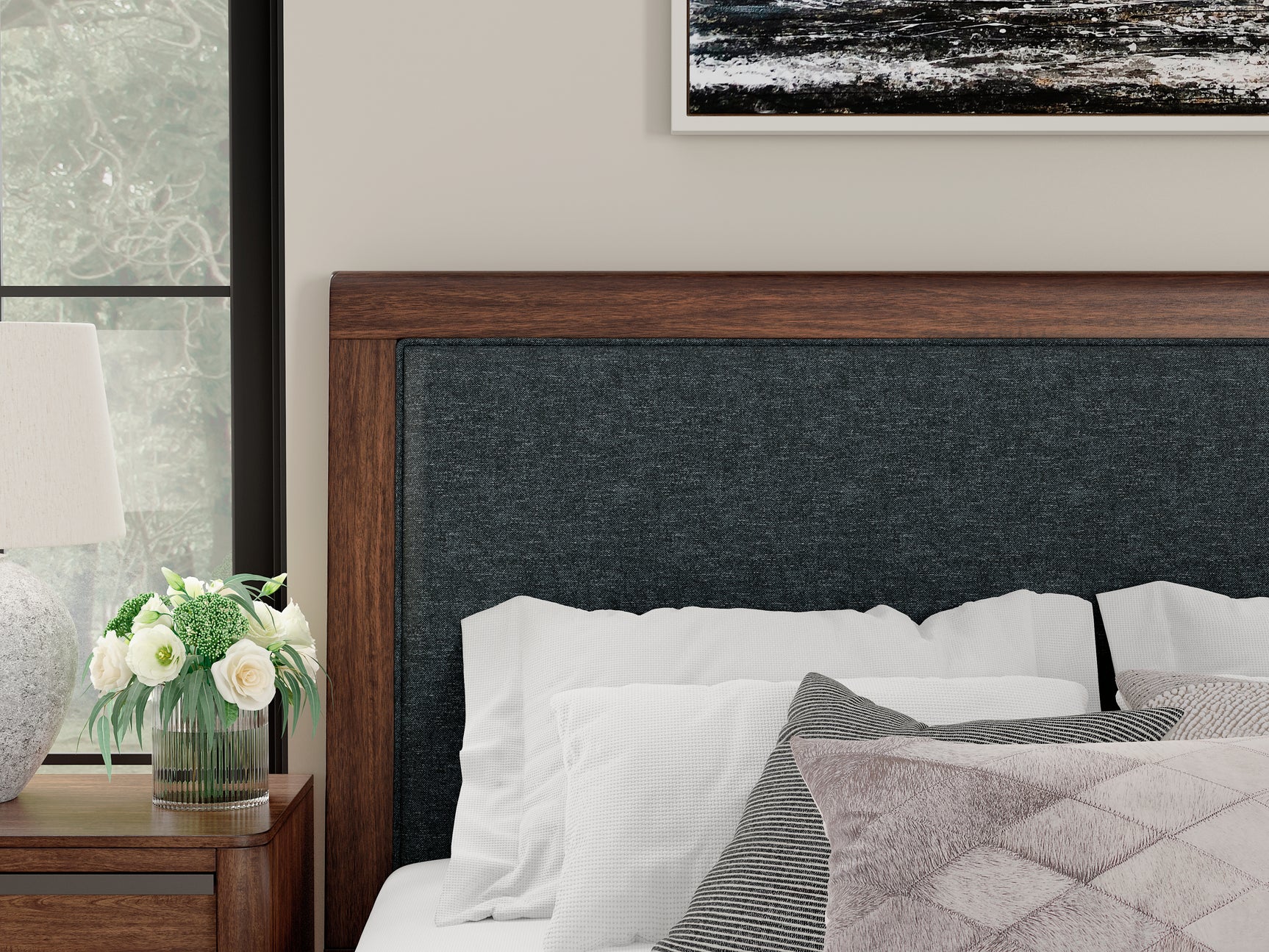 Close-up detail of upholstered headboard with USB ports