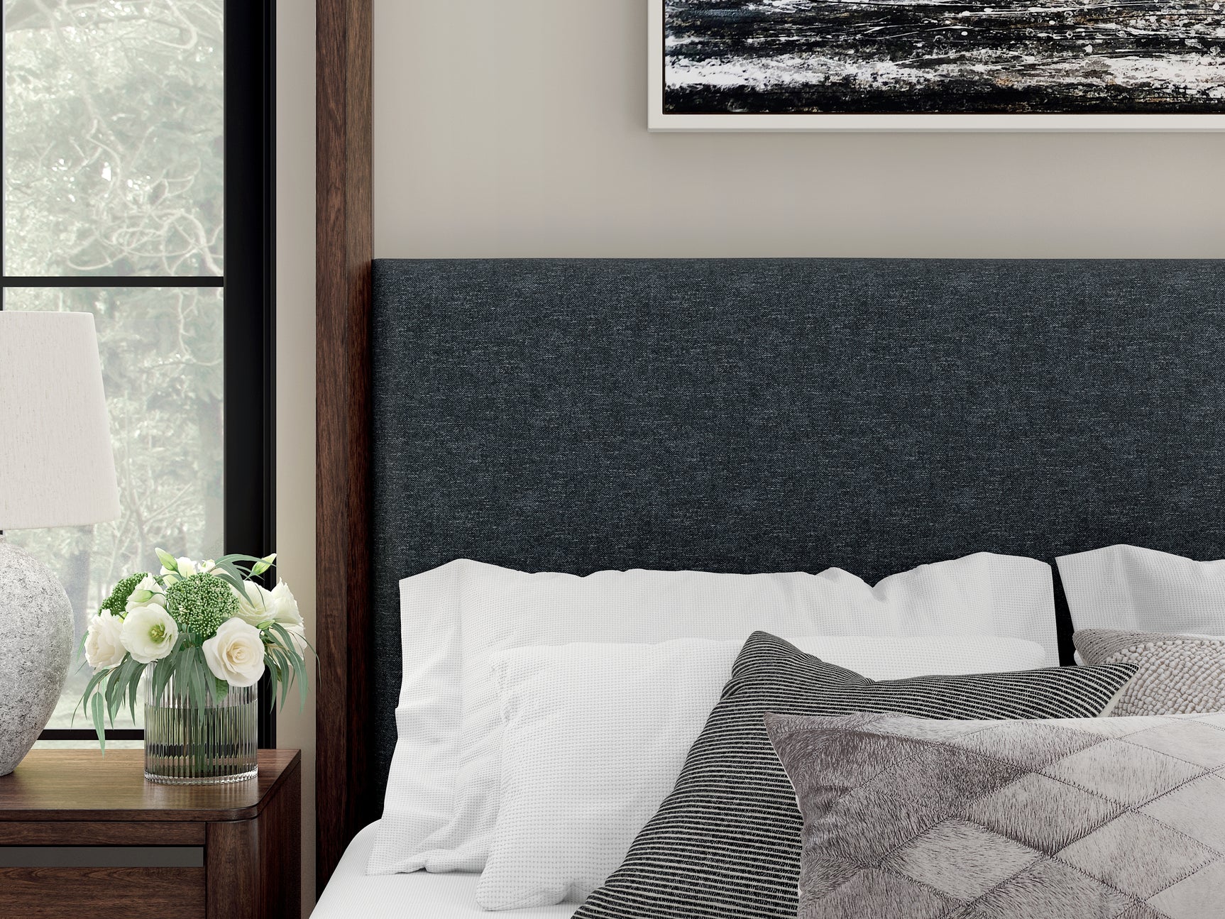 Detail of rich dark brown finish on bed frame