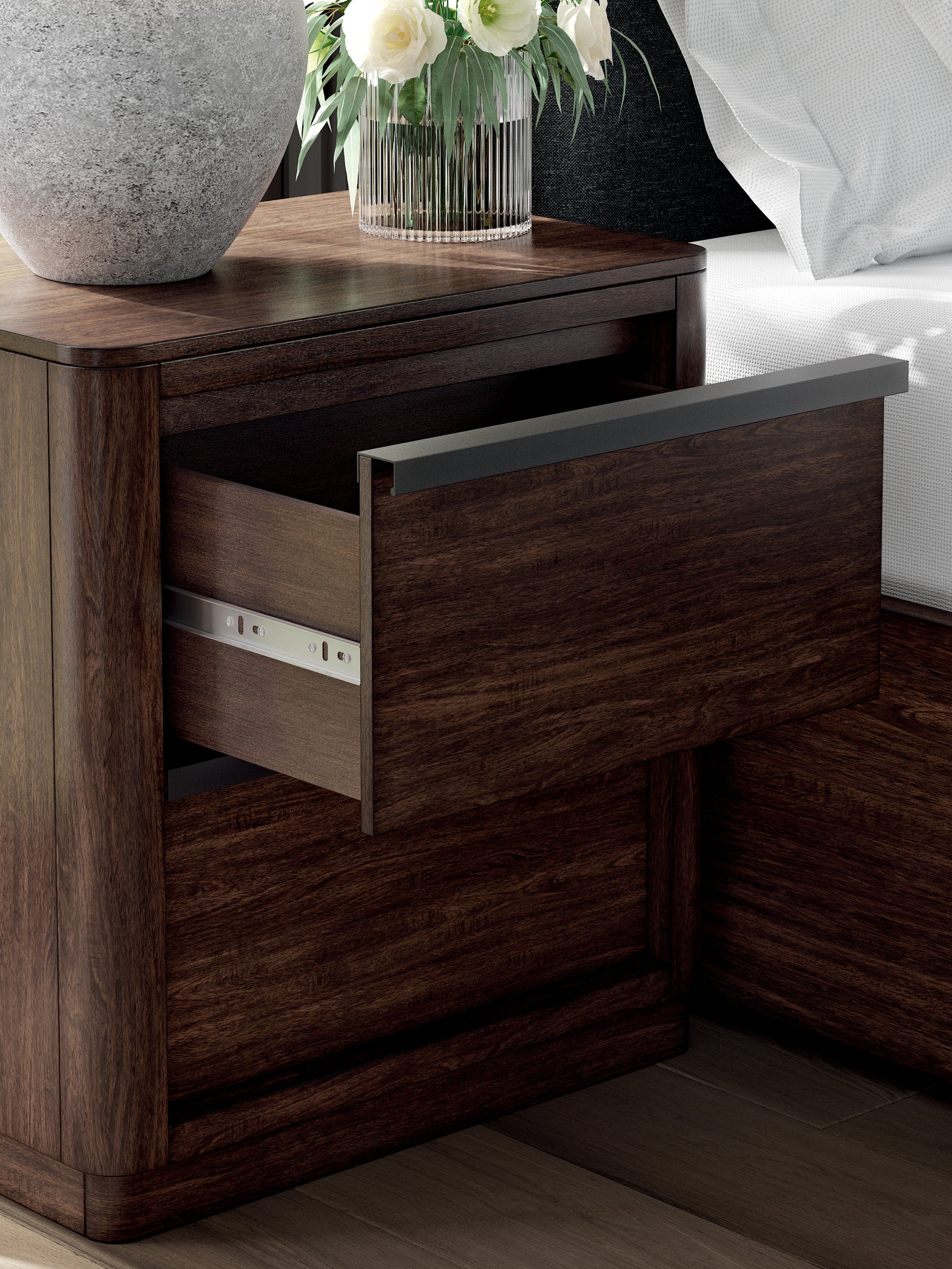Dilenno Nightstand close detail of metal pull