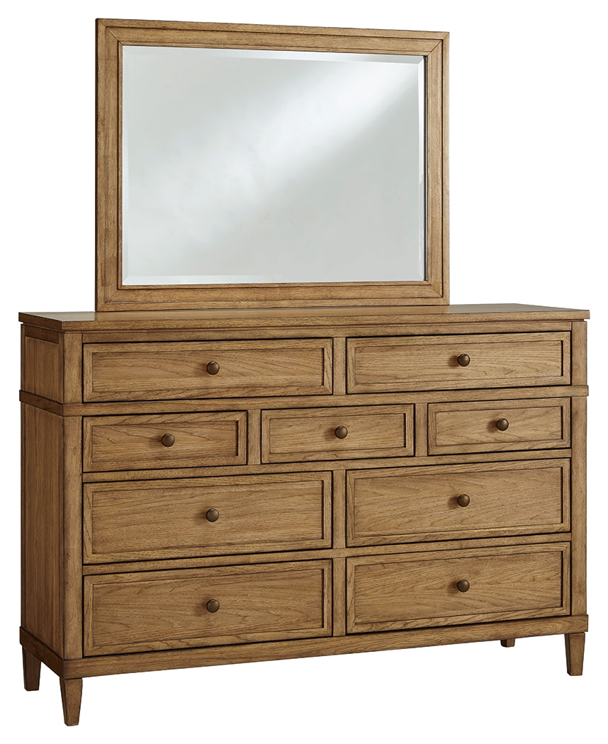 Angled view of Sharlance dresser with mirror attached