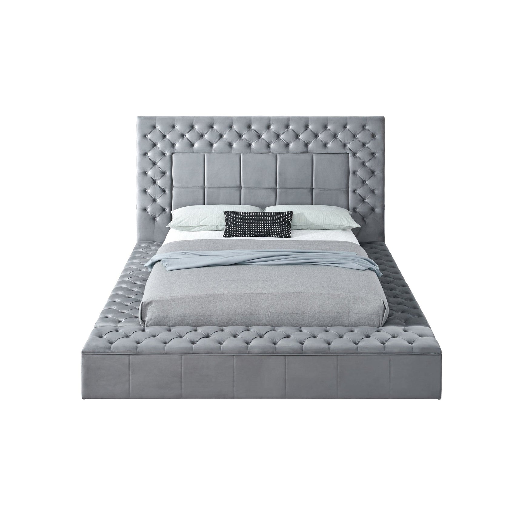 Side view showing storage footboard and USB ports on emerald grey queen bed