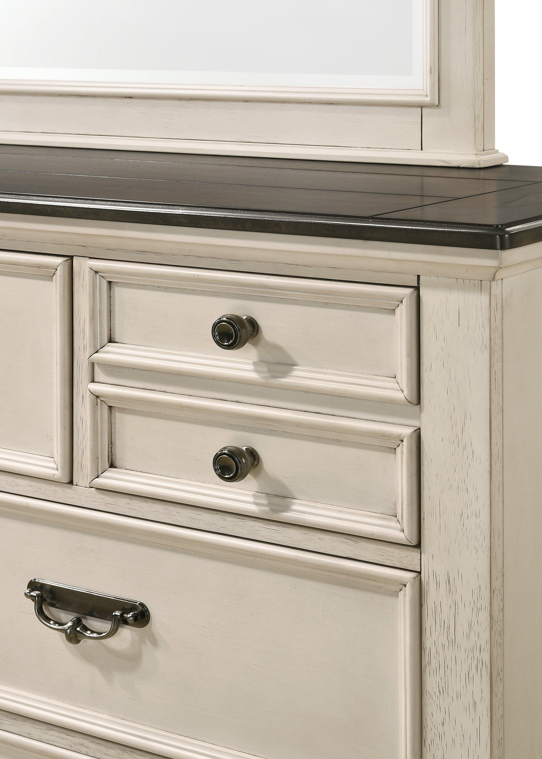 Sawyer Chest Cream/Brown, Modern And Sleek Contemporary Wood, Pewter Bail And Nickel Knob 5 Drawers - Ella Furniture