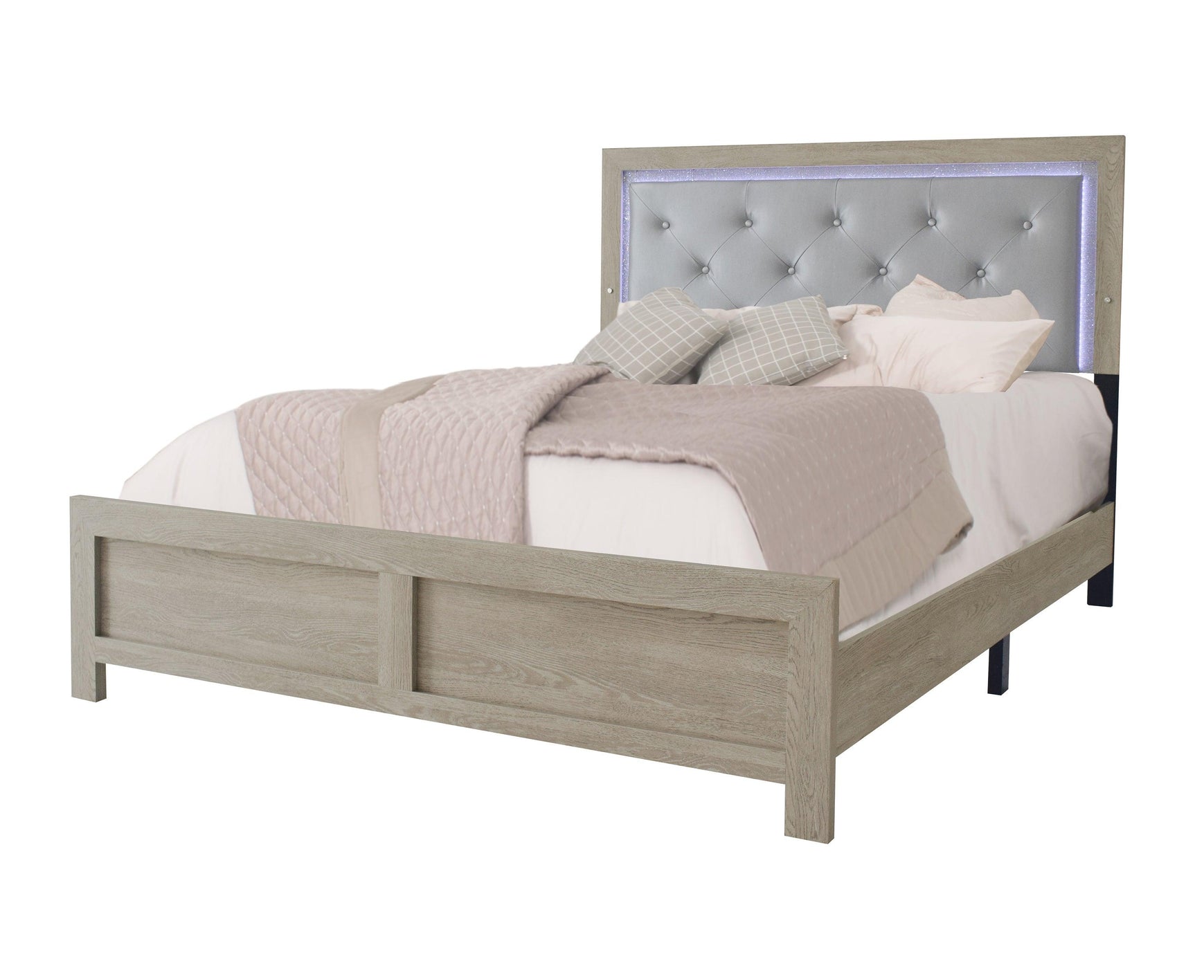 Side view of Jaylen Cream LED Faux Leather Upholstered Tufted Panel Bedroom Set bed