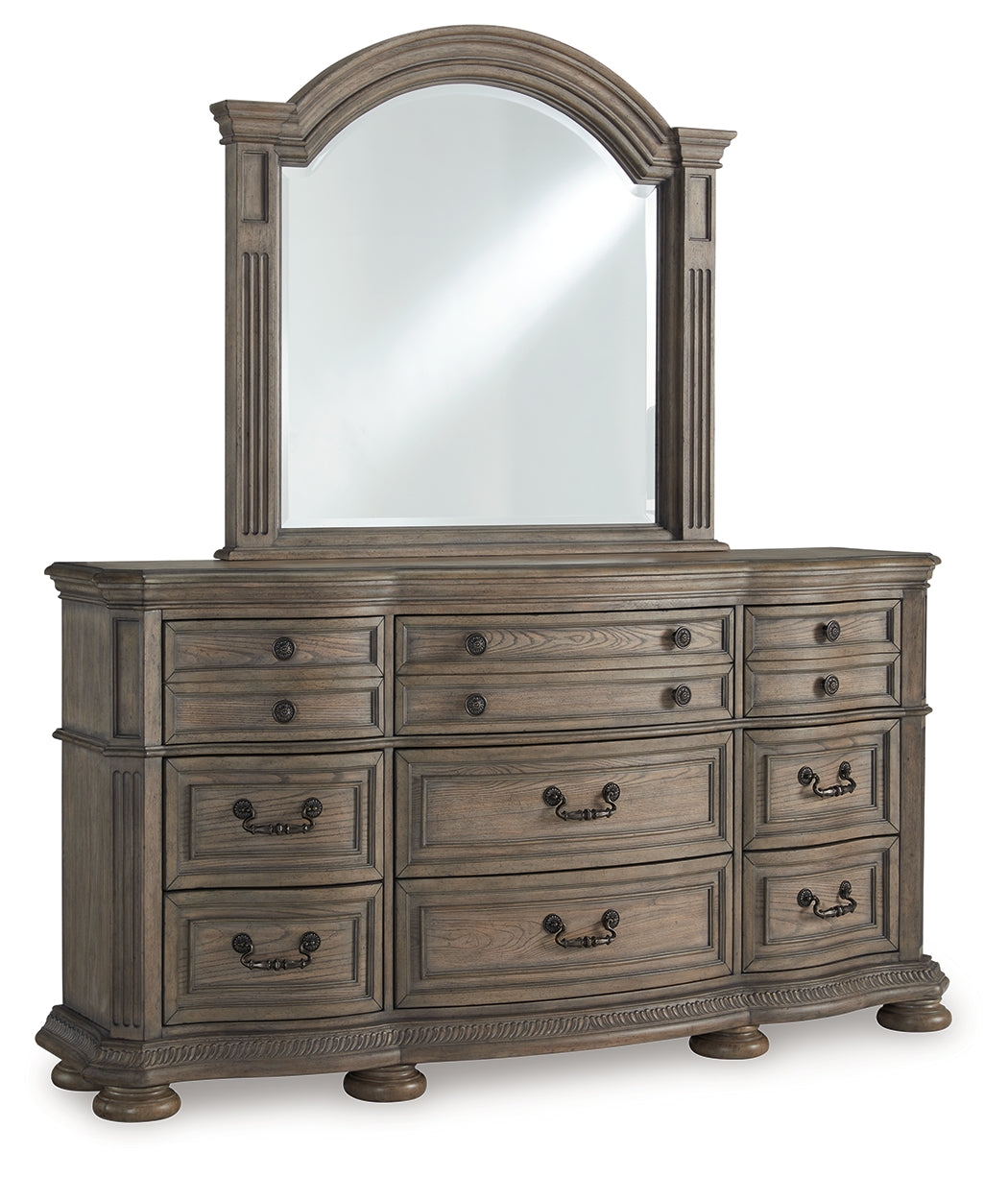Angled side view of Ardenfield dresser closed drawers