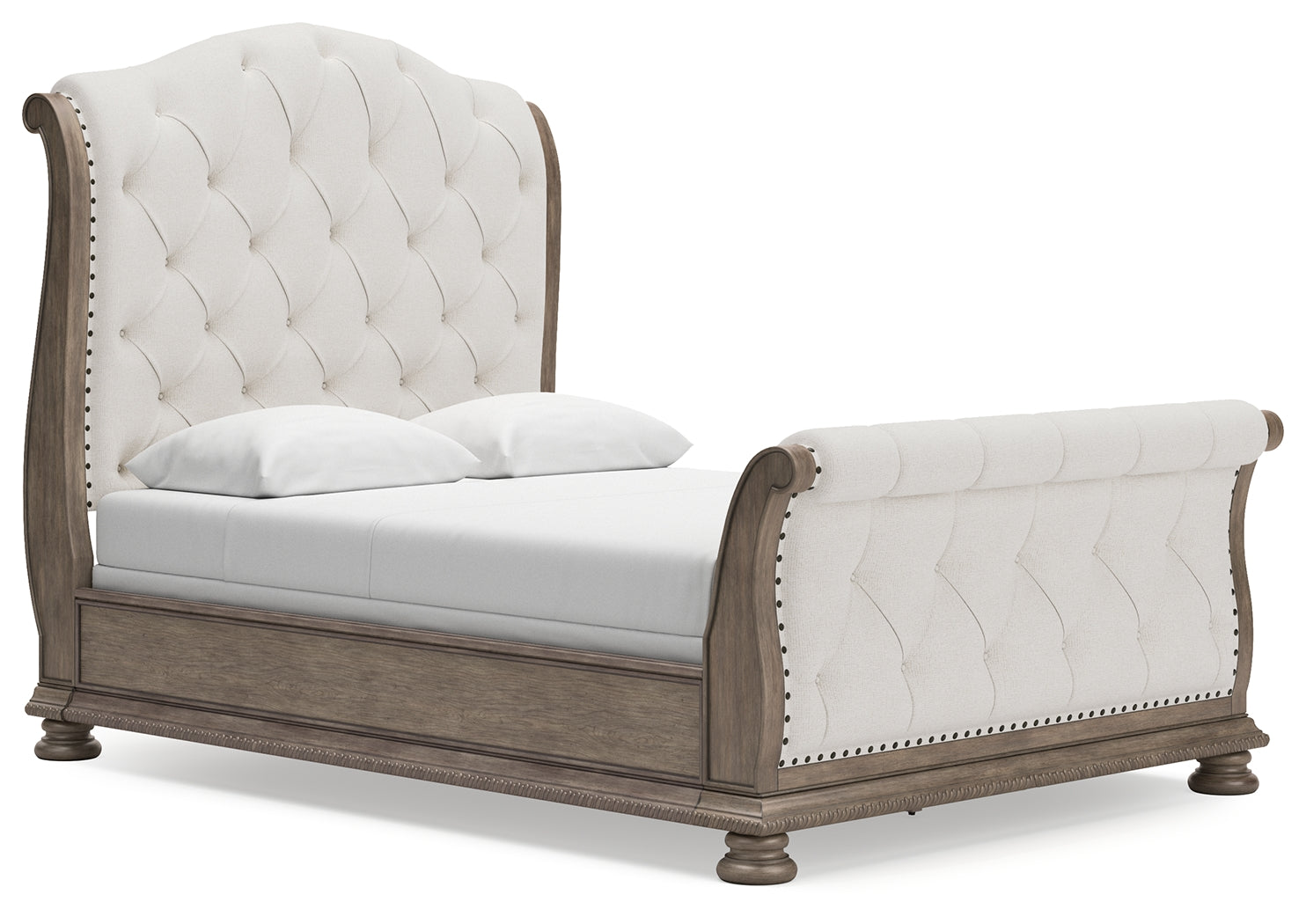 Ardenfield Queen Upholstered Sleigh Bed angled side view showing curves