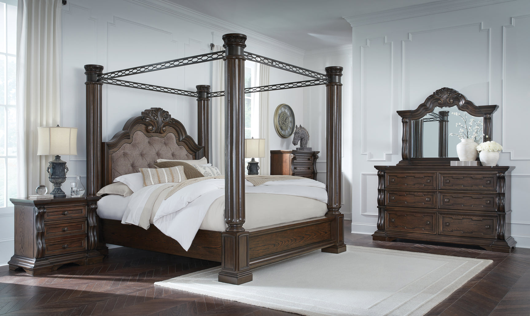 Maylee King Canopy Bed view showing footboard and posts