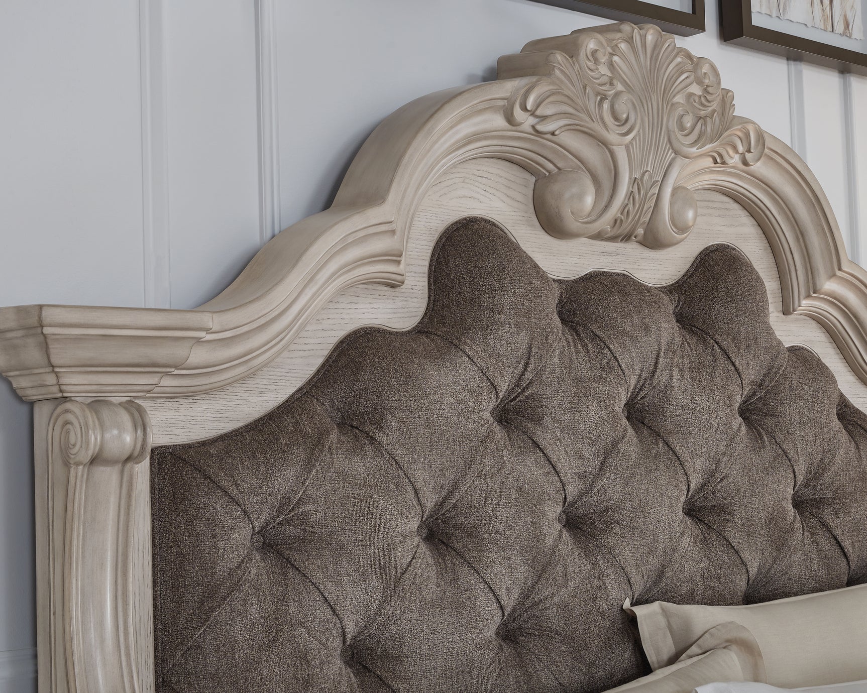 Close-up of sculptural details on headboard