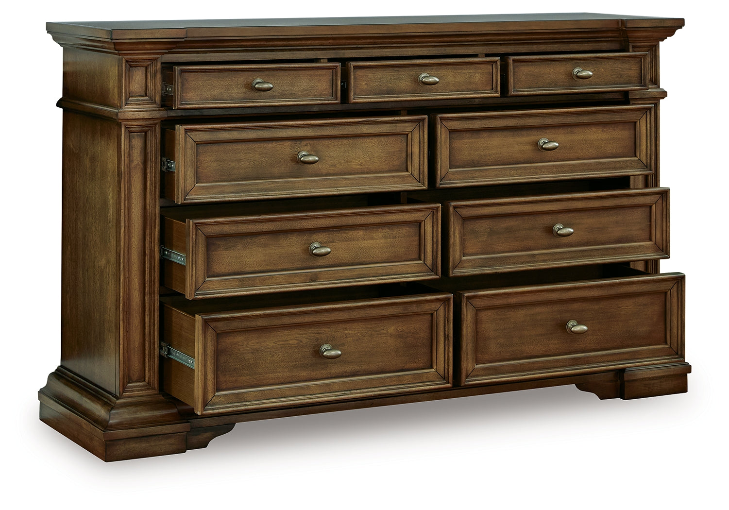 Frantanna Brown Dresser angled with drawers open