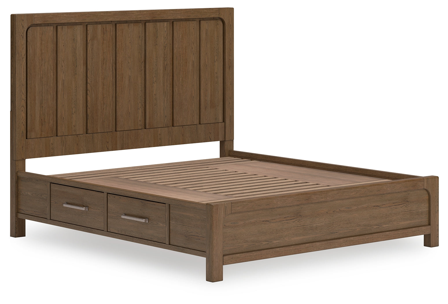 Close-up of aged pewter-tone handles on Cabalynn bed drawers