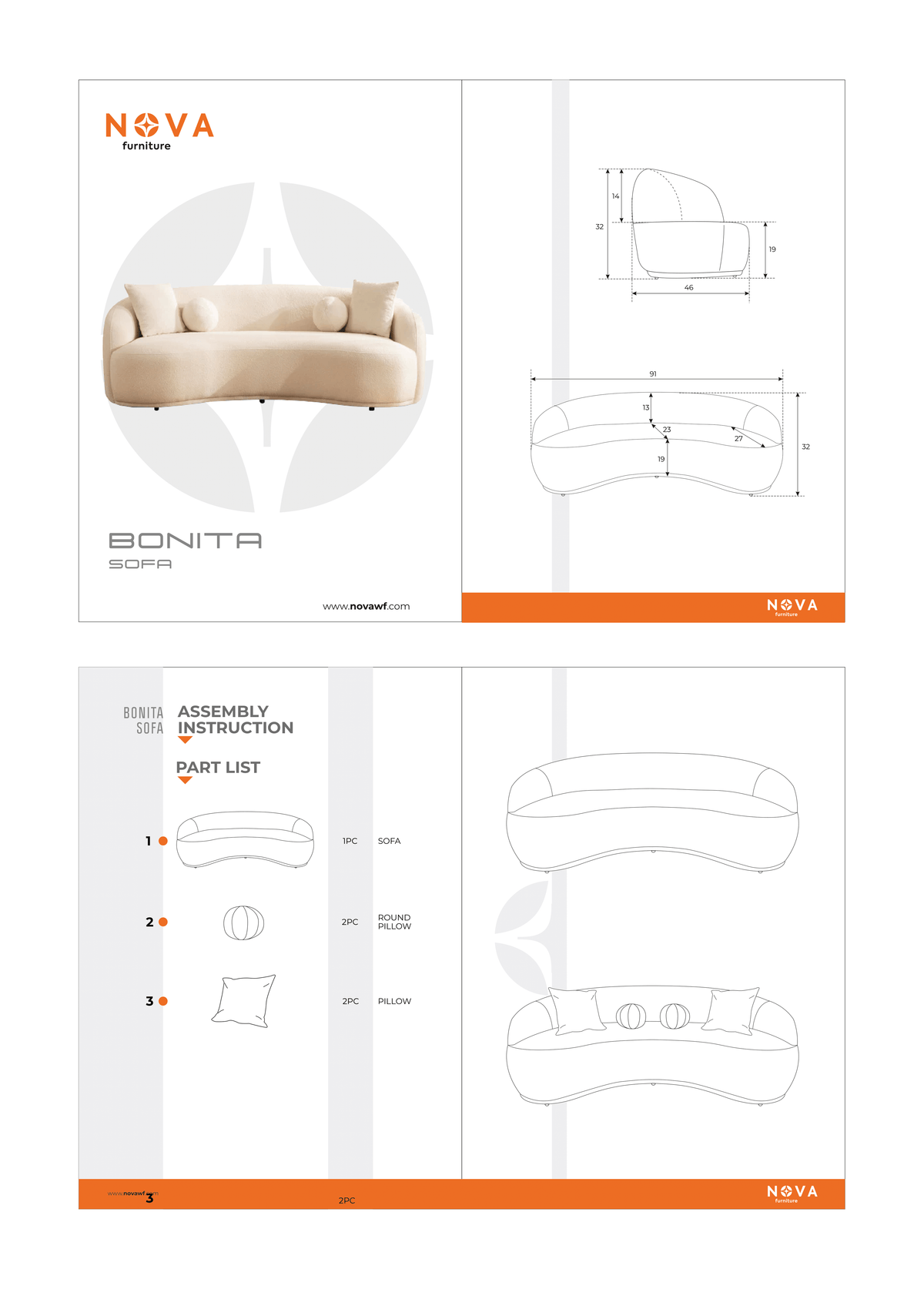 Emily Ivory Velvet Sofa 91" & Loveseat 81"
