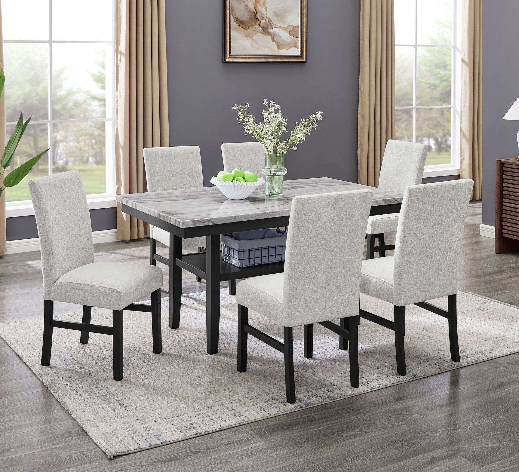 room view of gray Marbelle Dining Room Set with seating