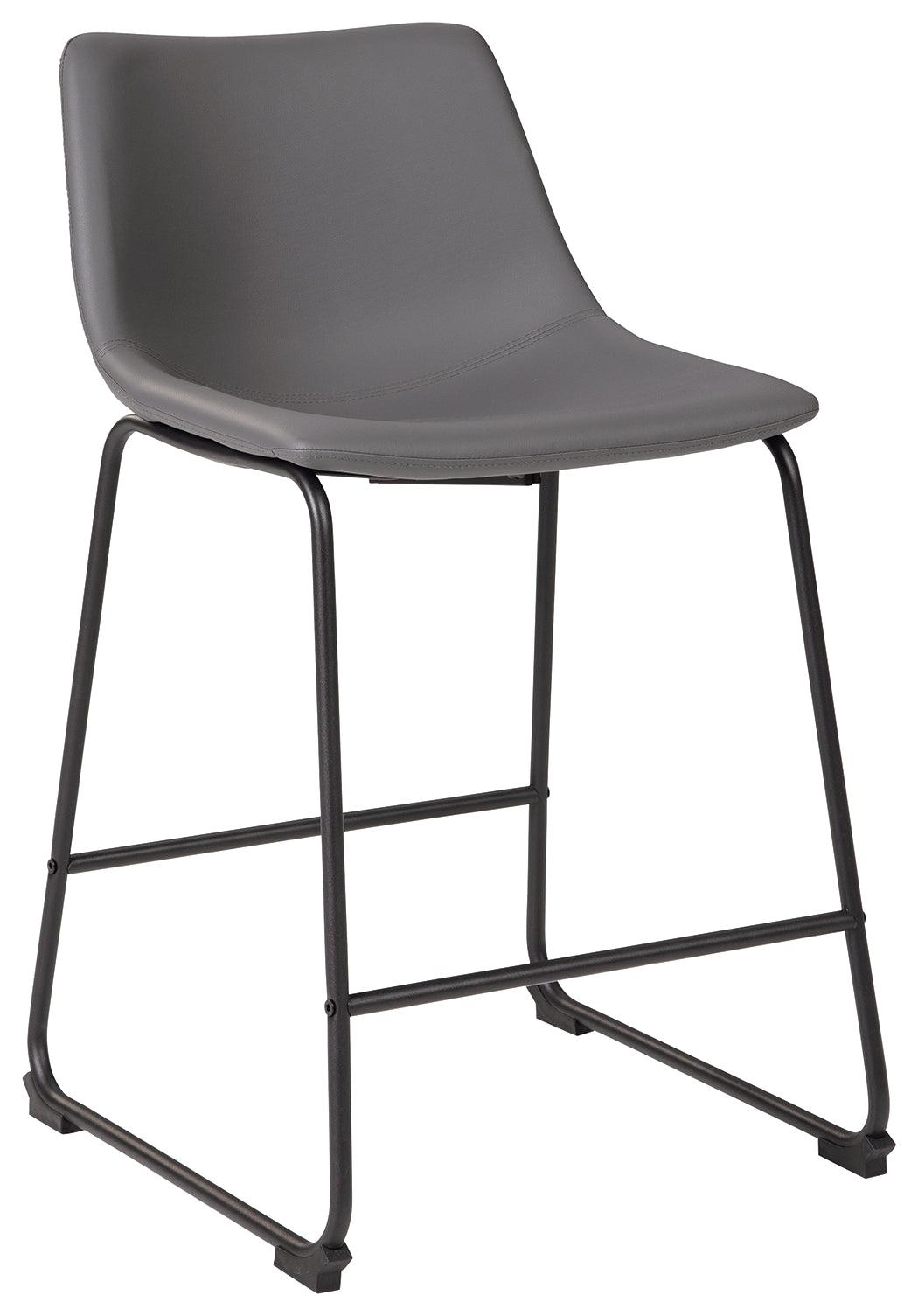 Tubular metal base detail of Centiar gray bar stool