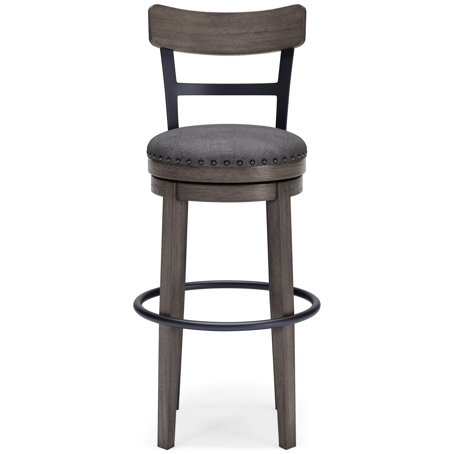 Caitbrook Gray Upholstered Bar Height Swivel Stool showing swivel seat
