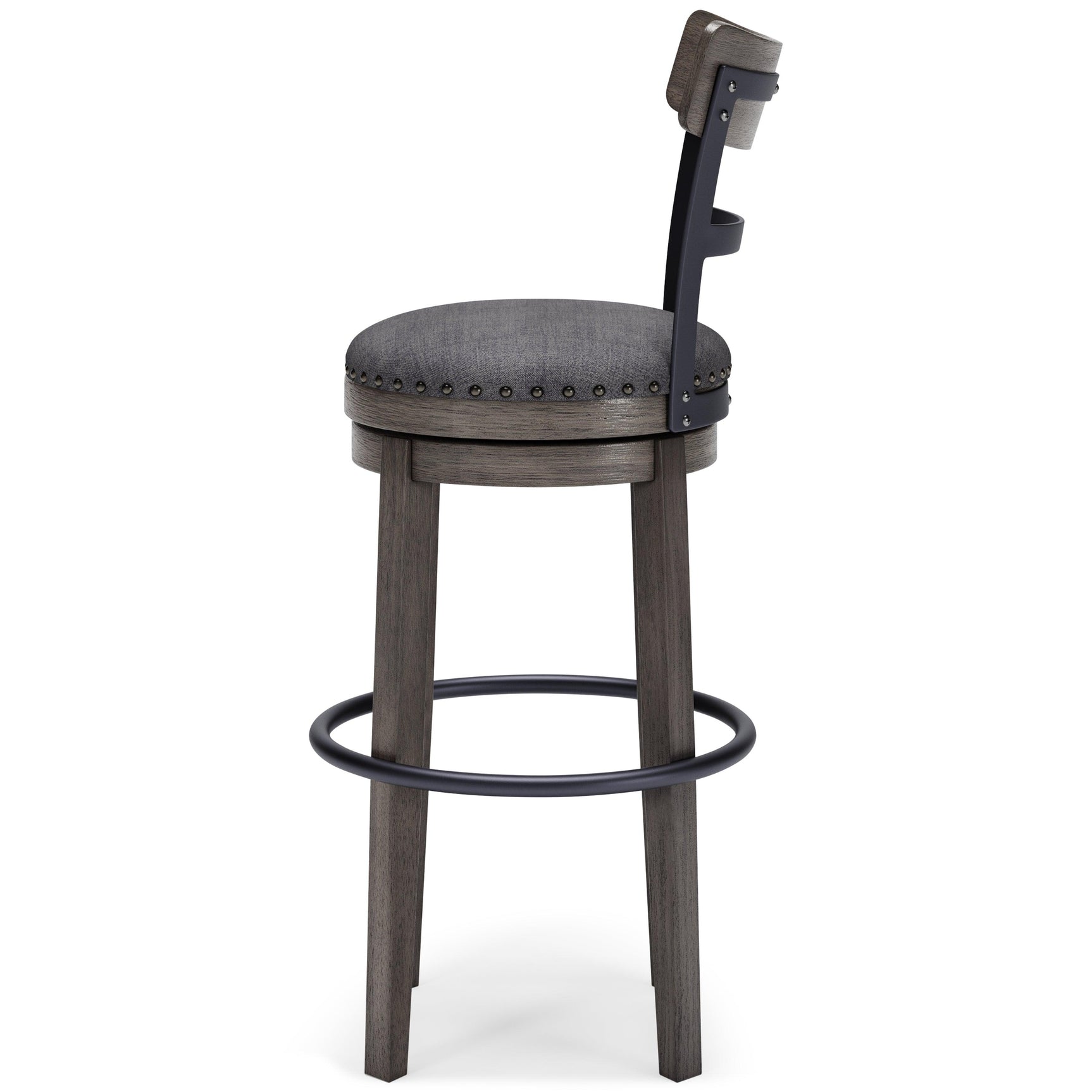 Caitbrook Gray Upholstered Bar Height Swivel Stool side perspective