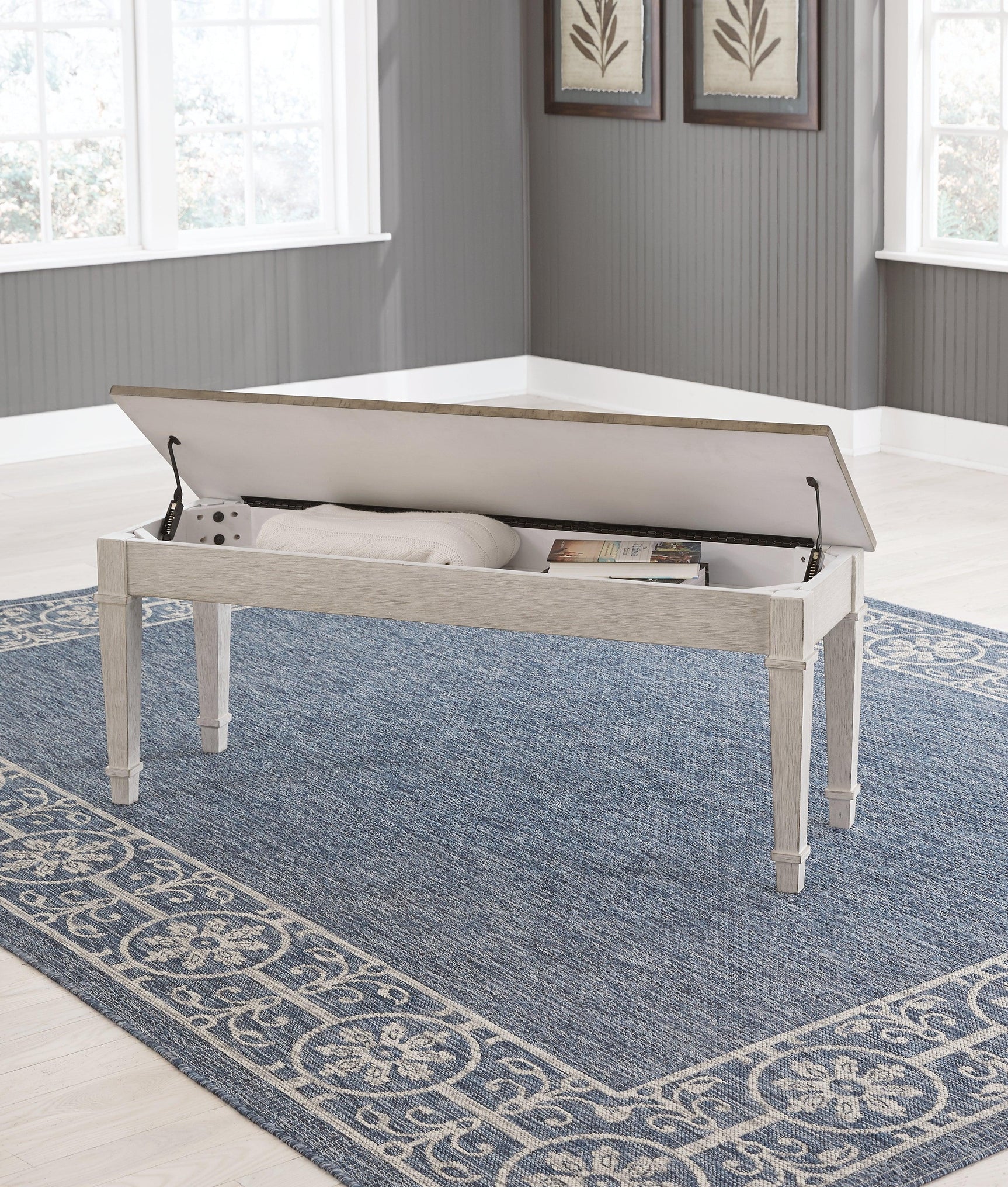 Skempton storage bench angled with storage open