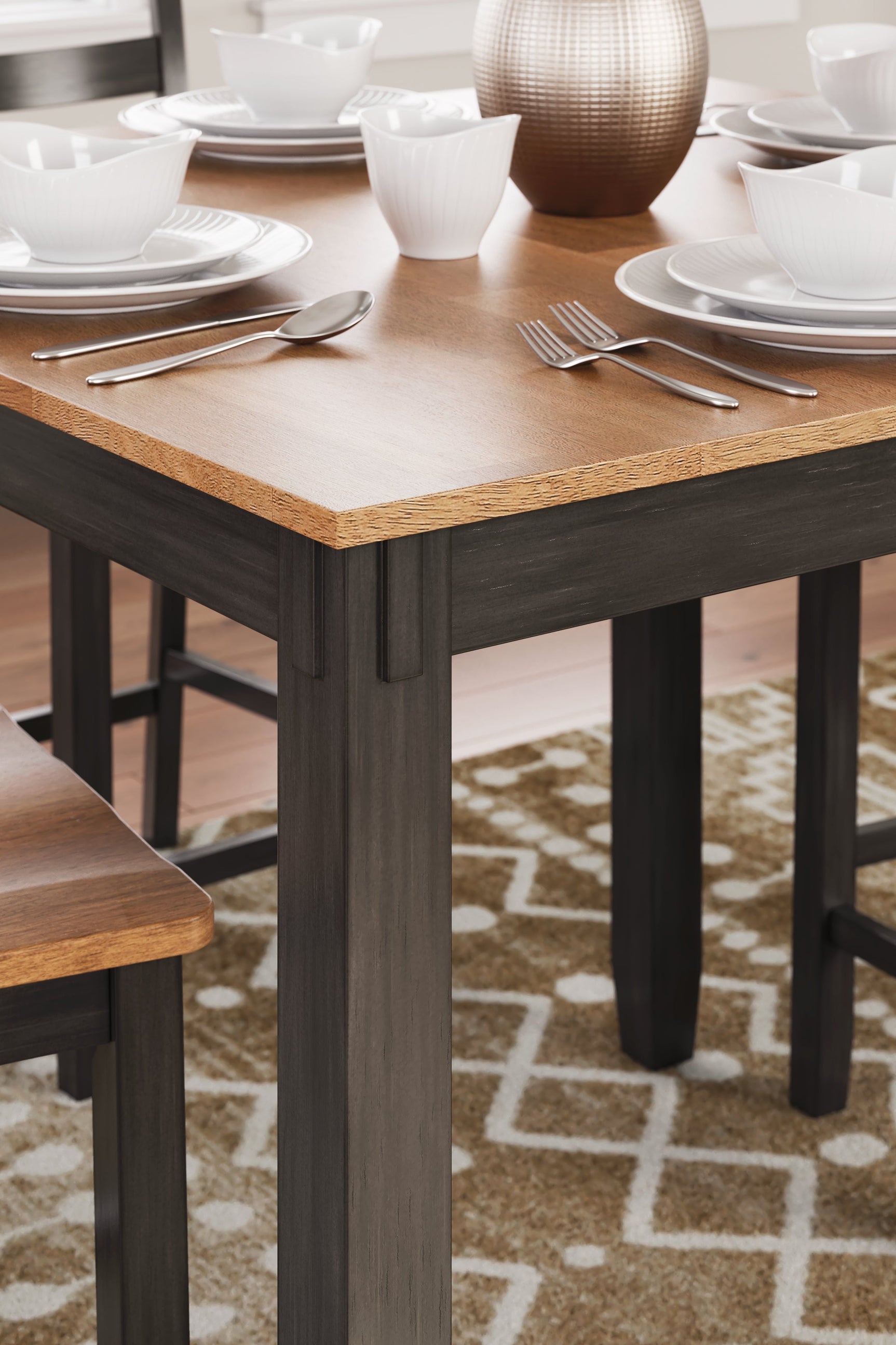 Detail of Gesthaven table leg with butcher block mango veneer top