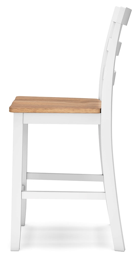 Gesthaven natural wood and white counter height dining table with two barstools, front view