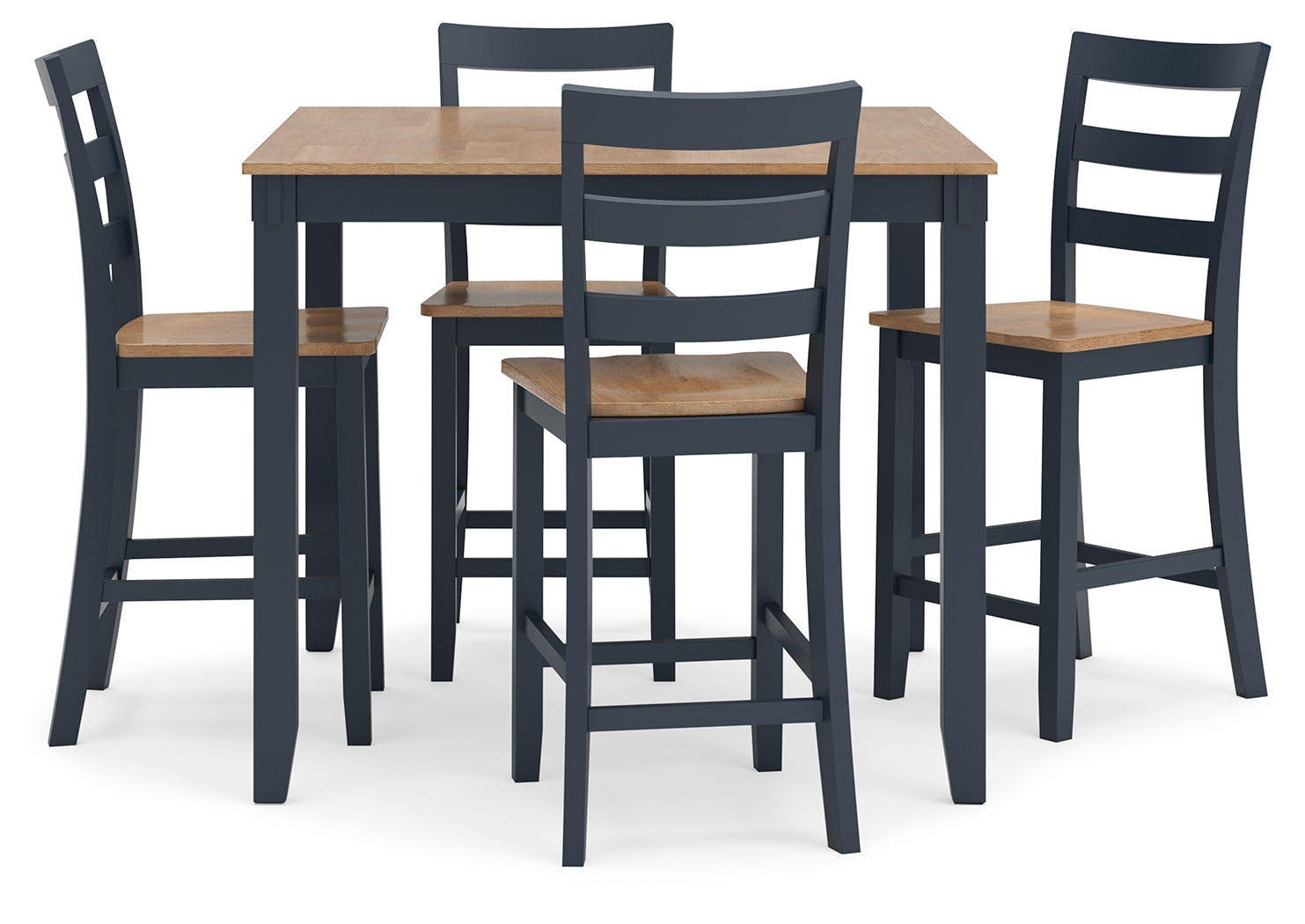 Front view of Gesthaven blue and natural wood counter height dining set