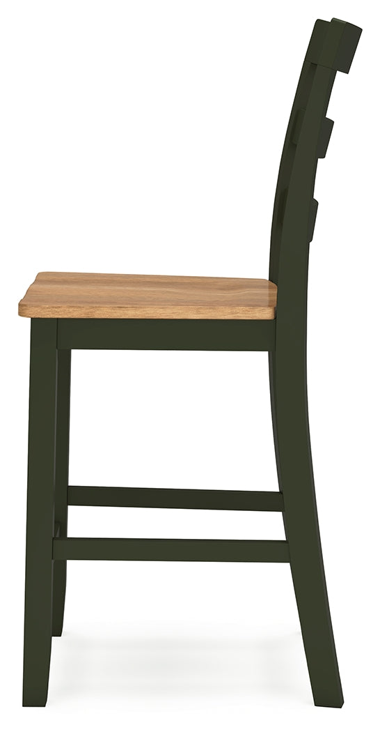 Two barstools beside natural wood and green counter height table