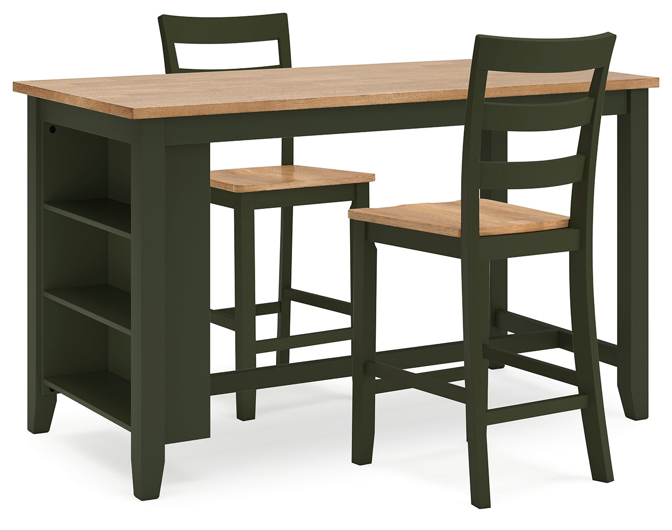 Counter height dining table side angle with natural wood top and green legs