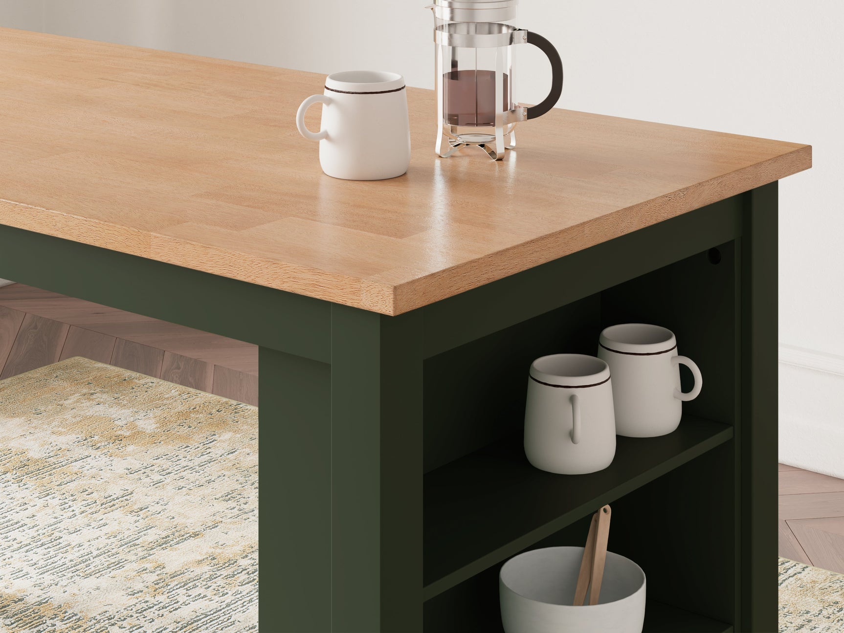 Close-up detail of table storage shelves