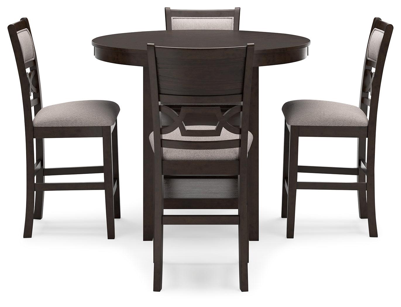 Four upholstered barstools with light beige fabric and fretwork backrest