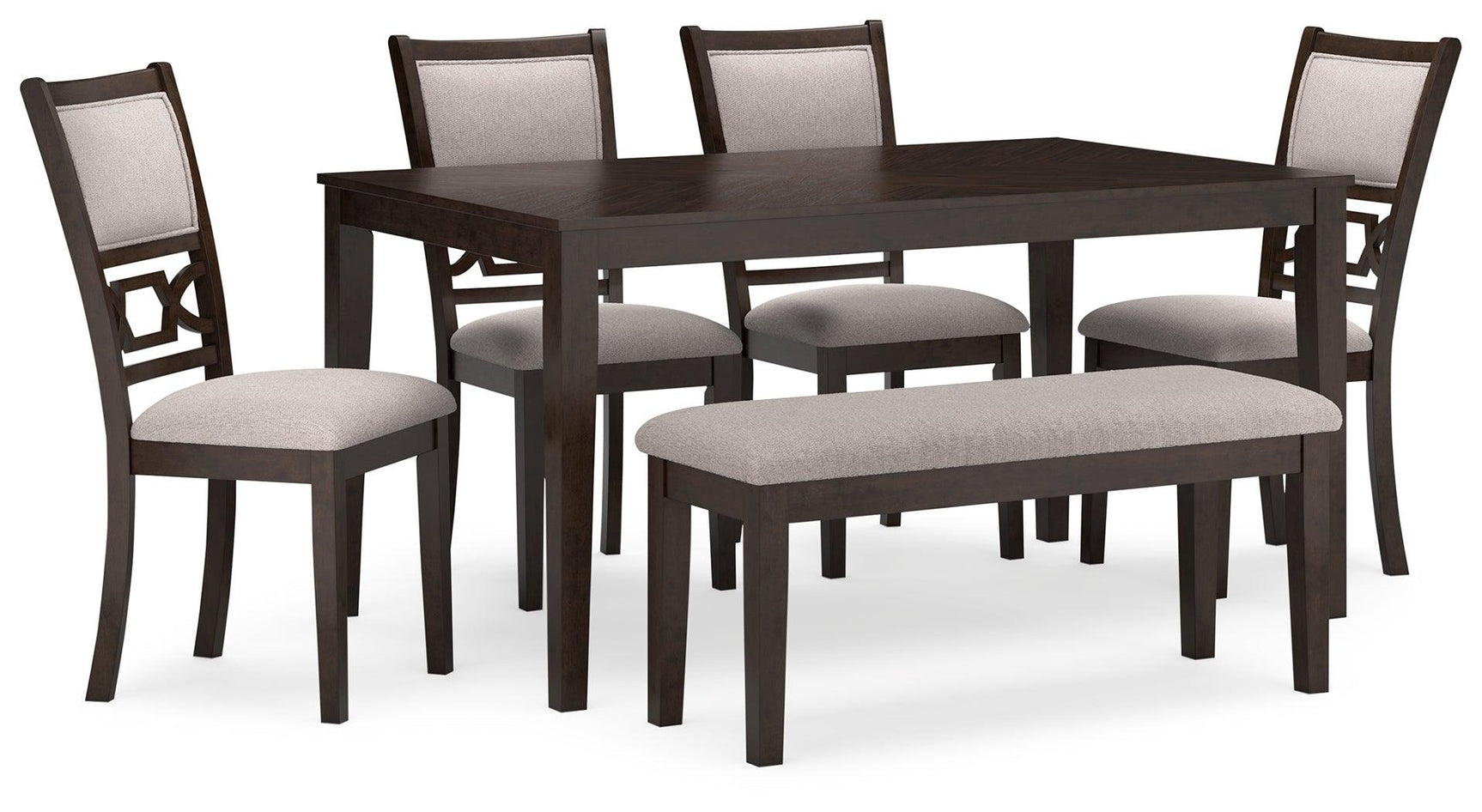Set of 4 beige upholstered chairs with fretwork backrest and matching bench by Langwest