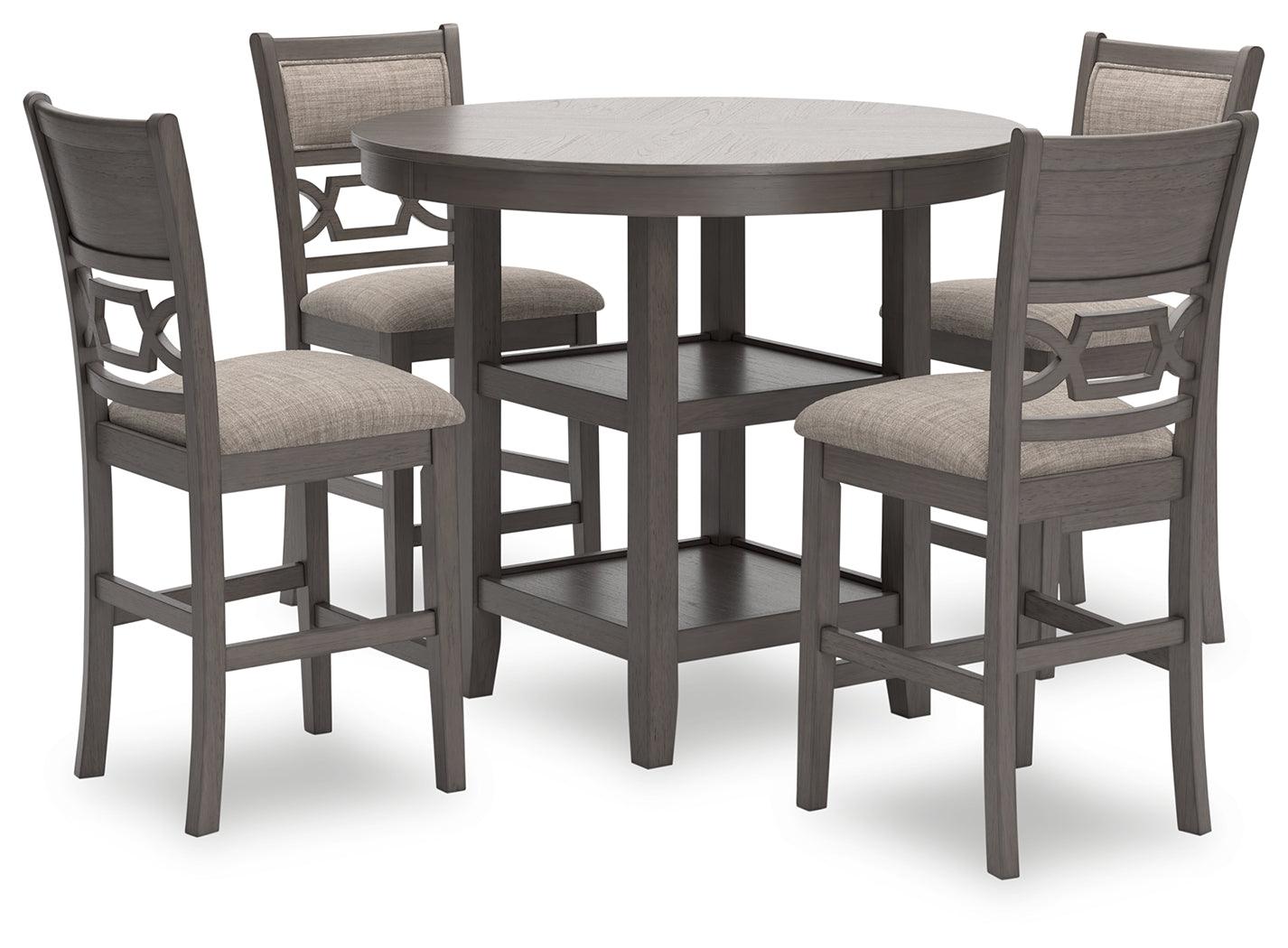 Four light gray upholstered barstools with foam cushions and fretwork accent on stool backrests