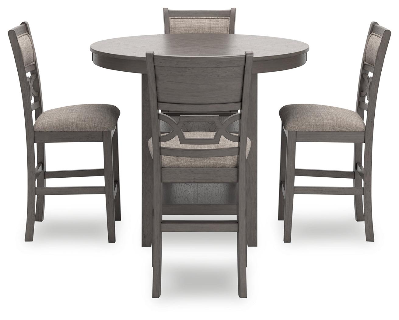 Front view of Wrenning gray counter height dining table and four upholstered barstools in casual dining setting