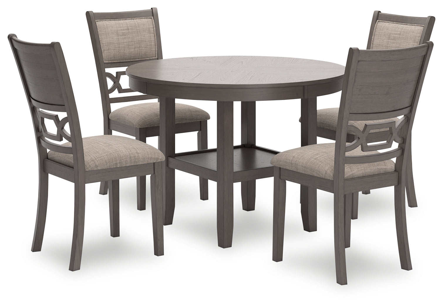 Wrenning gray dining table angled view showing textured veneer top and tapered legs