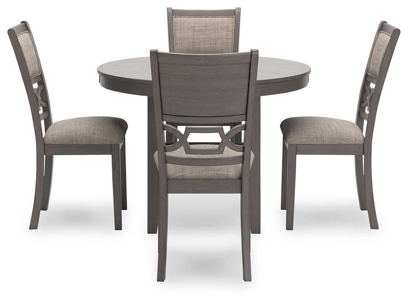 Wrenning gray dining table with four upholstered chairs head-on view