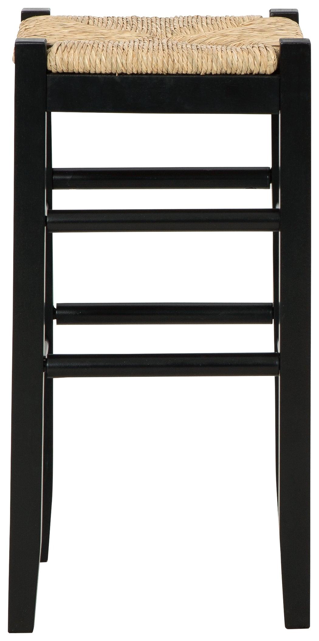 Head-on view of Mirimyn Black Bar Height Stool showing seat and footrest