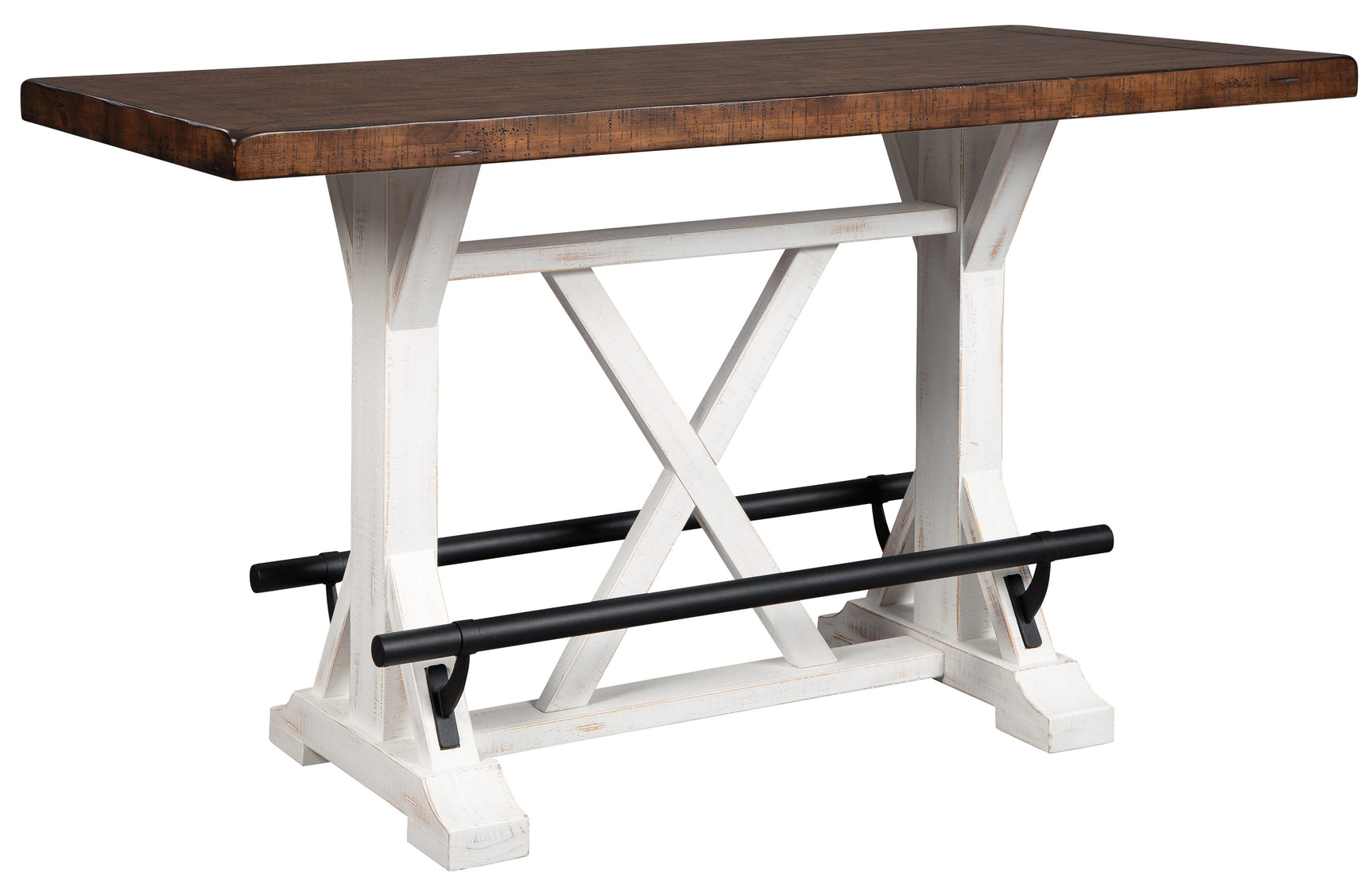 Side view of Valebeck Counter Height Dining Table with black metal footrest