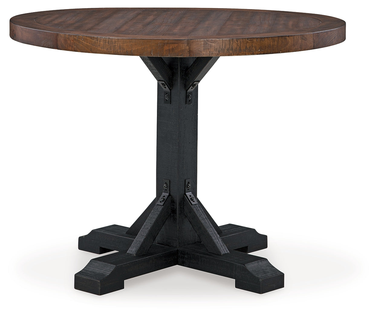 Valebeck dining table pedestal base detail in rustic black finish
