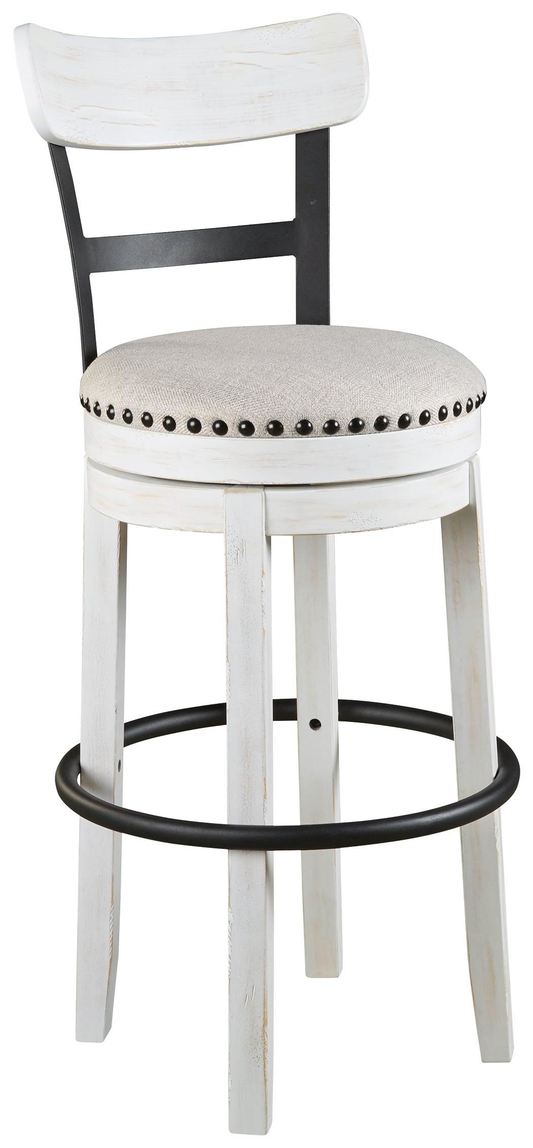 Valebeck White Bar Height Bar Stool seat and nailhead trim detail