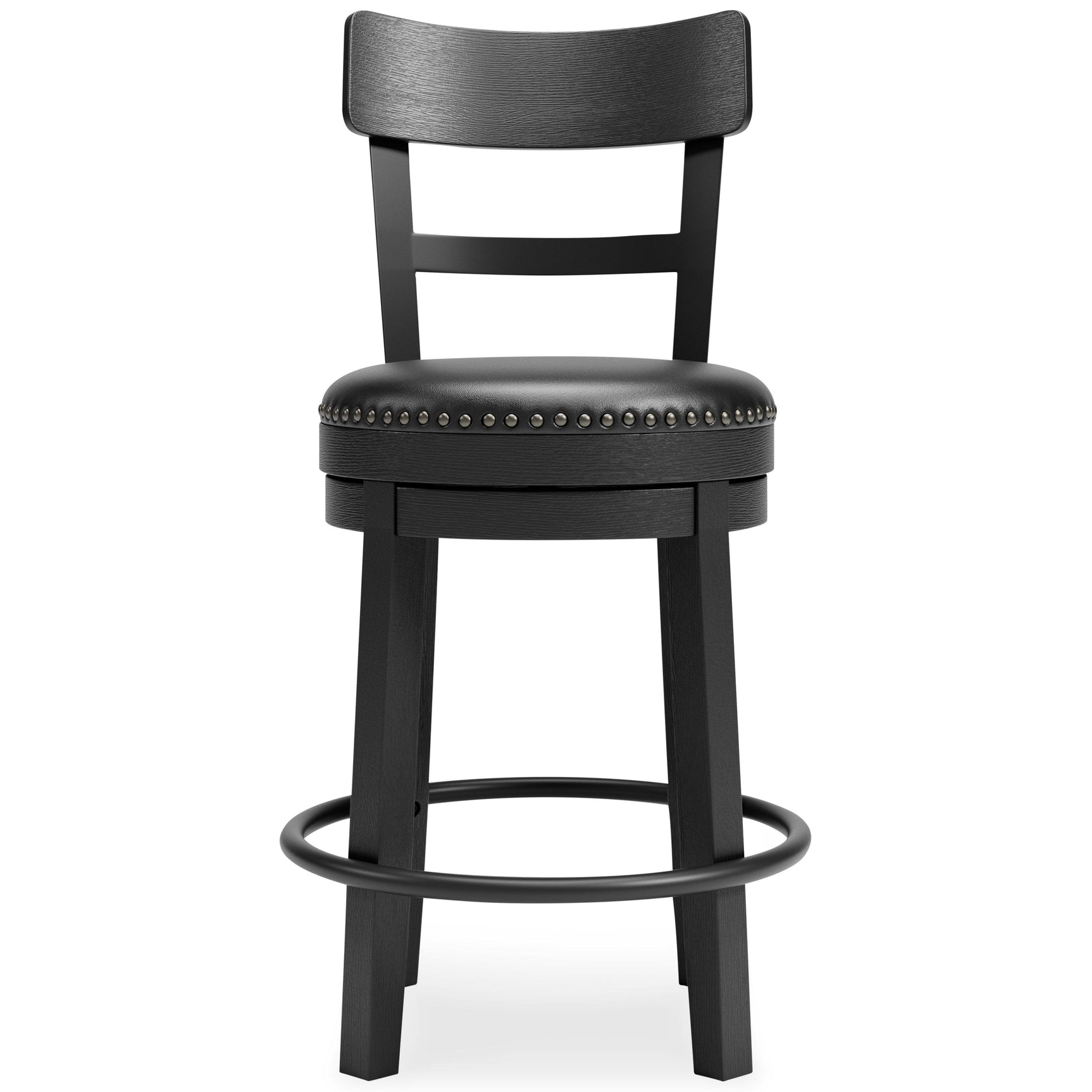 Head-on view of Valebeck black upholstered counter height bar stool