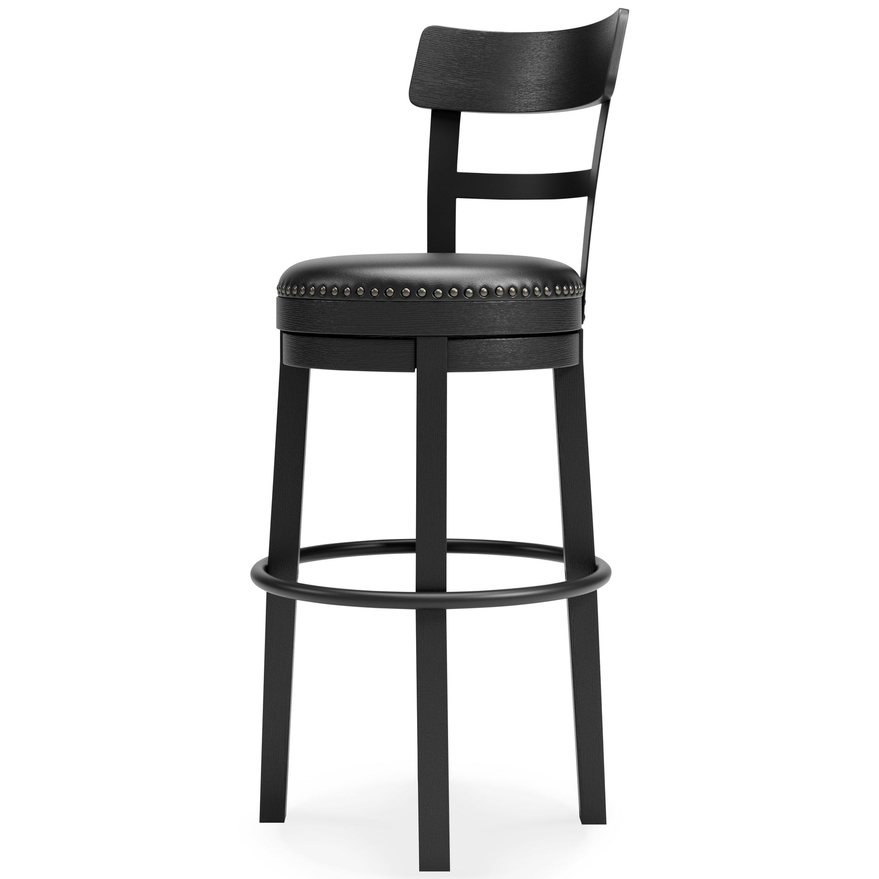 Valebeck Black Bar Height Bar Stool side angle with rubber feet visible
