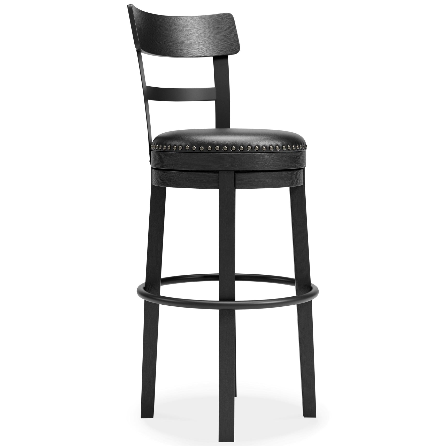 Side view of Valebeck Black Bar Height Bar Stool highlighting contoured backrest and footrest