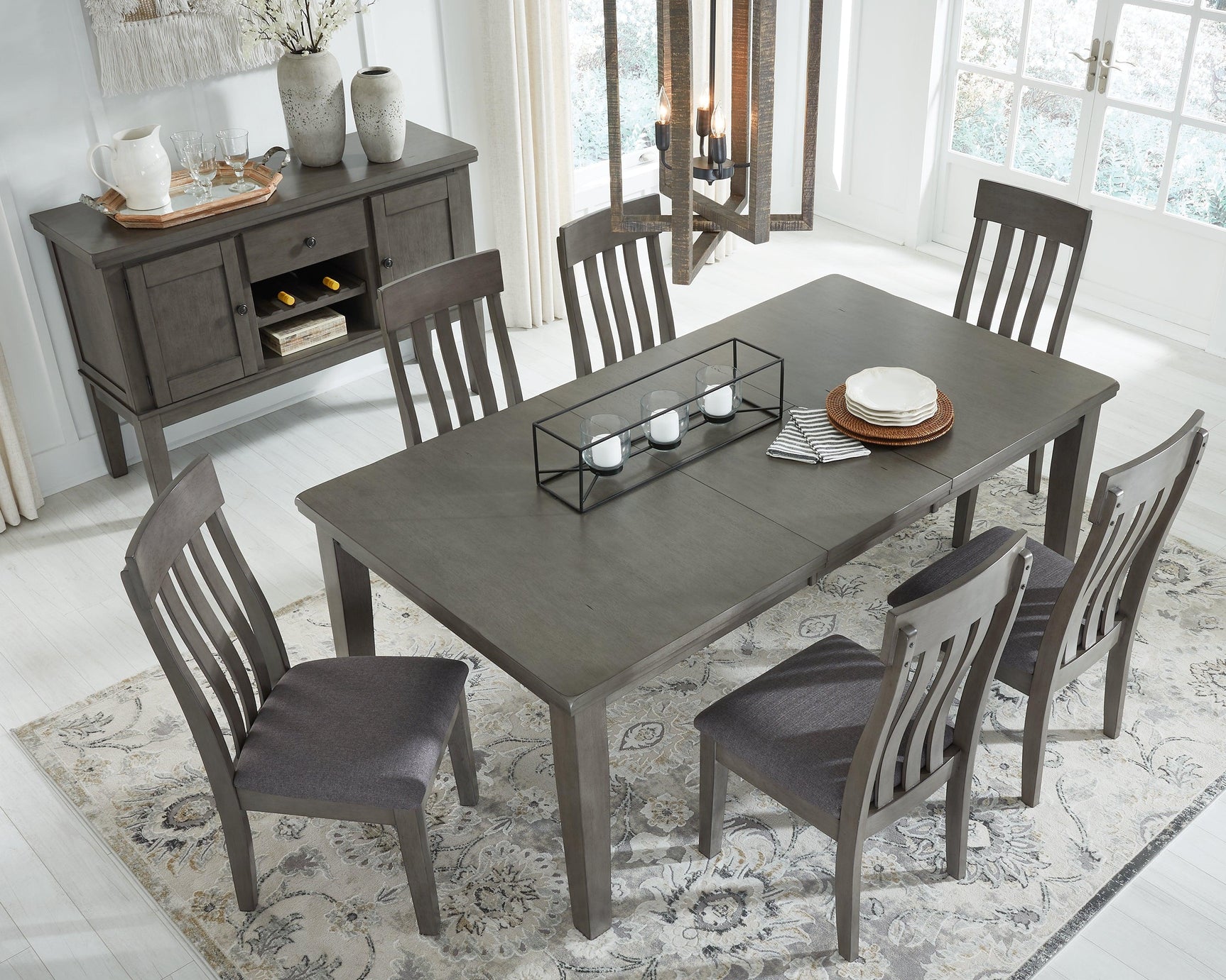 Detail of antiqued gray finish on Hallanden Dining Table