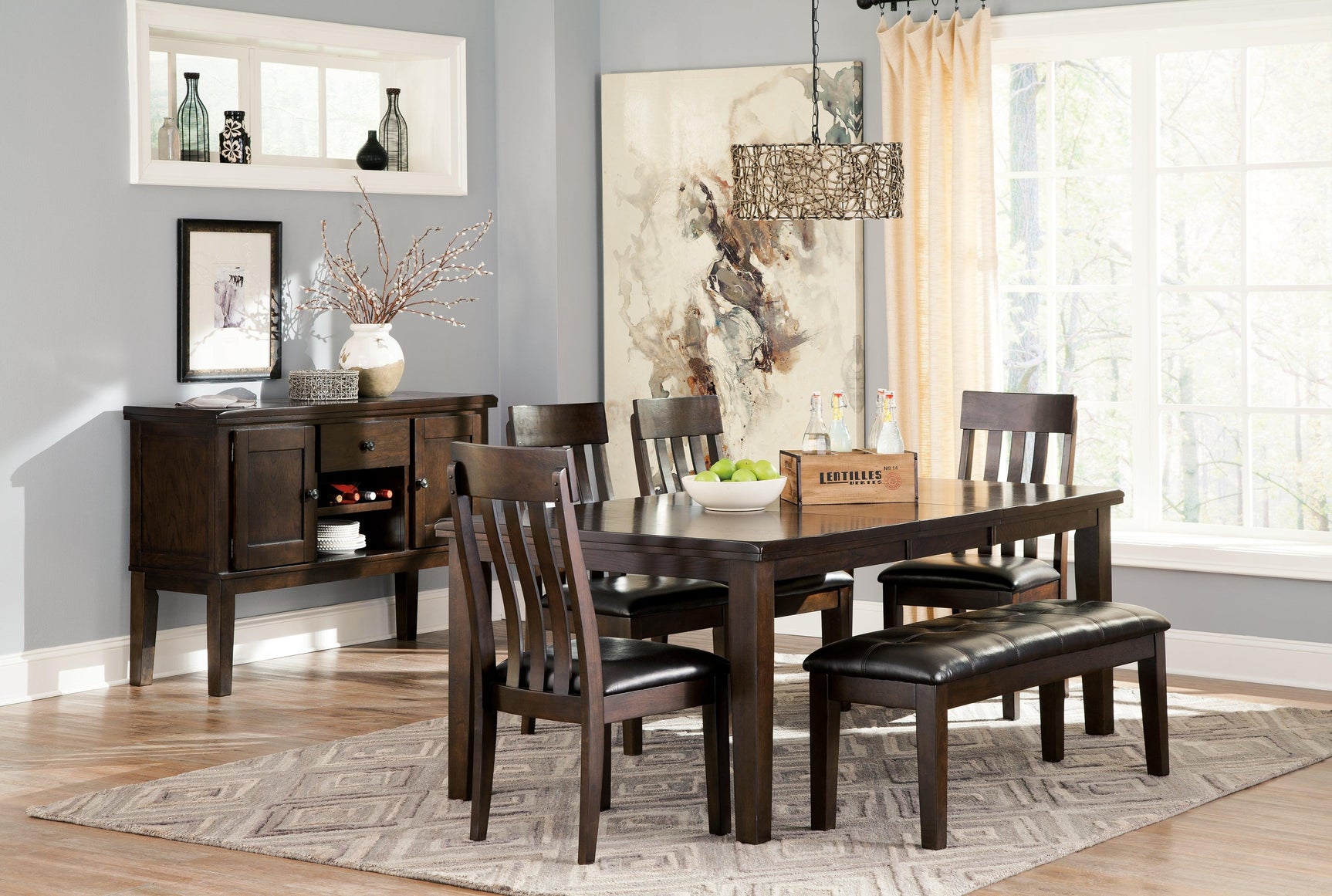 Haddigan Dark Brown Upholstered Dining Bench top detail showing button tufting