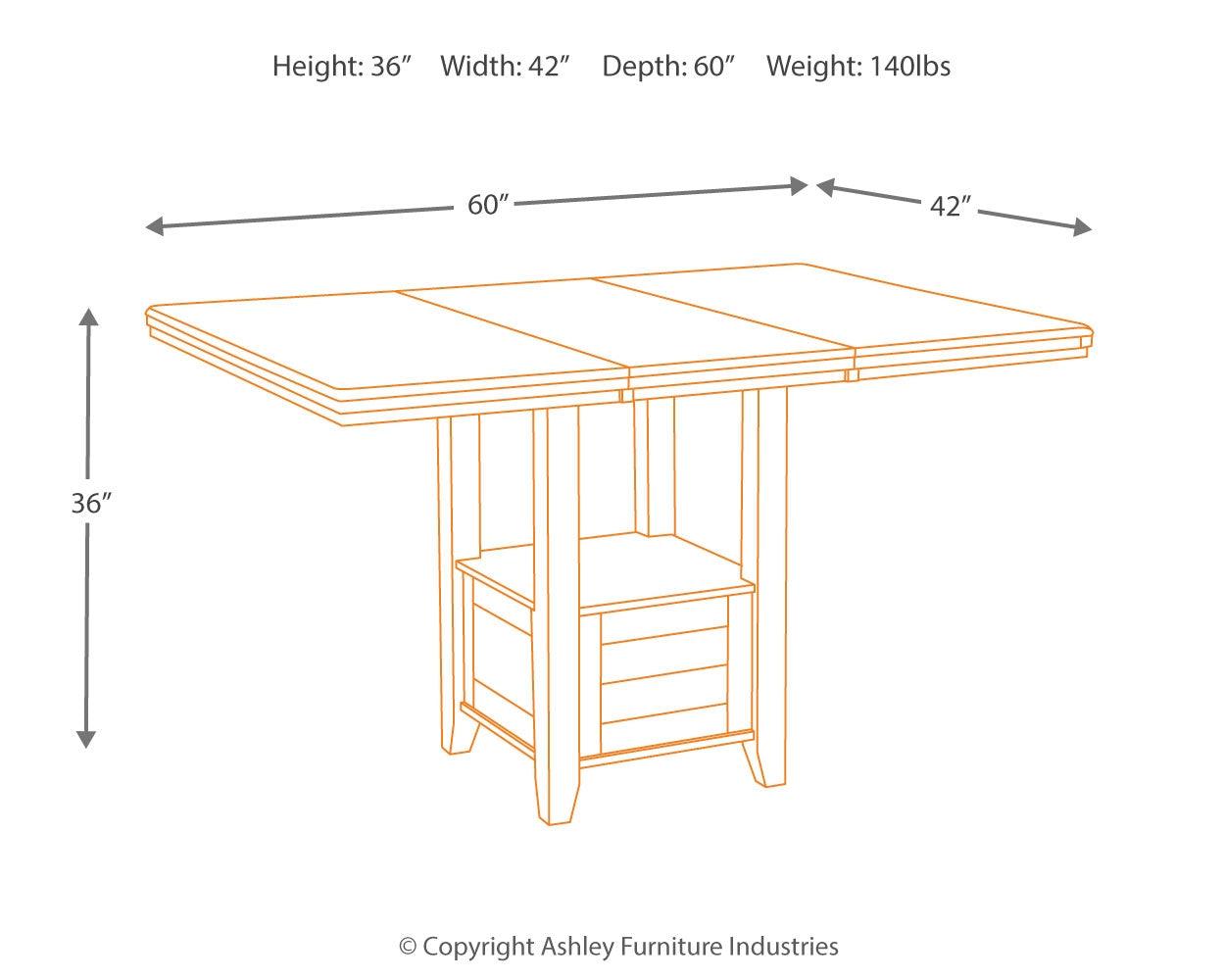 Close-up dimension illustration of Haddigan table