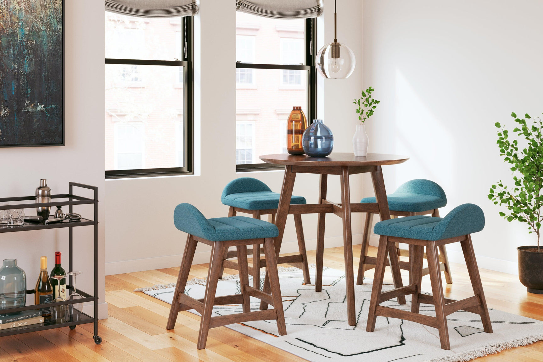 Lyncott Blue brown counter height bar stool lifestyle setting