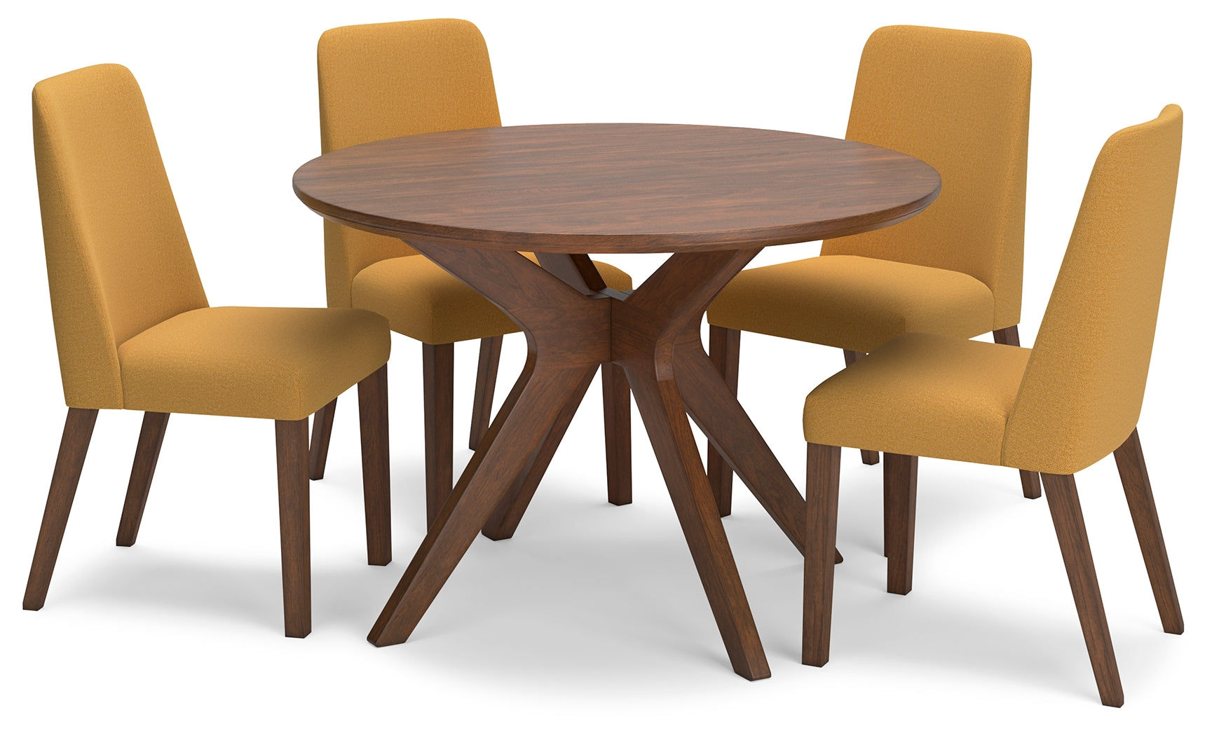 Lyncott Mustard and Brown dining table with four chairs, front angle