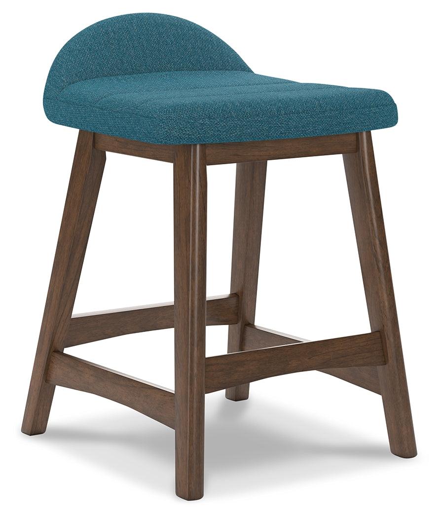 Lyncott Blue brown counter height bar stool angled view