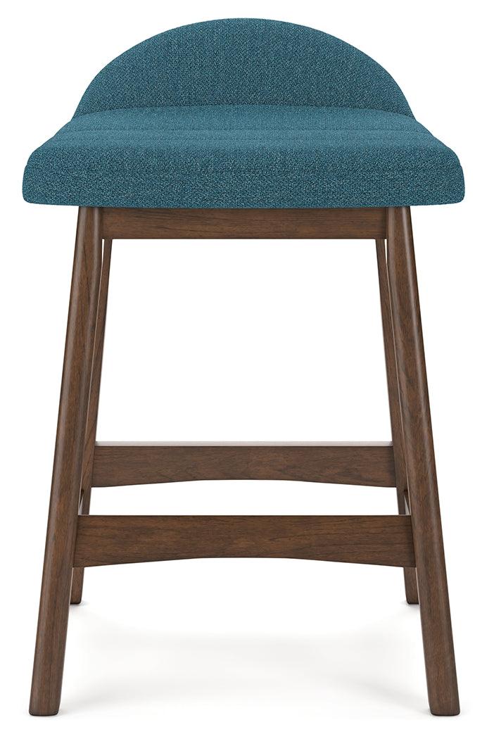 Lyncott Blue brown counter height bar stool head on view